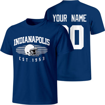 Indianapolis personalized football T shirt in Royal showing front city design and back custom name and number