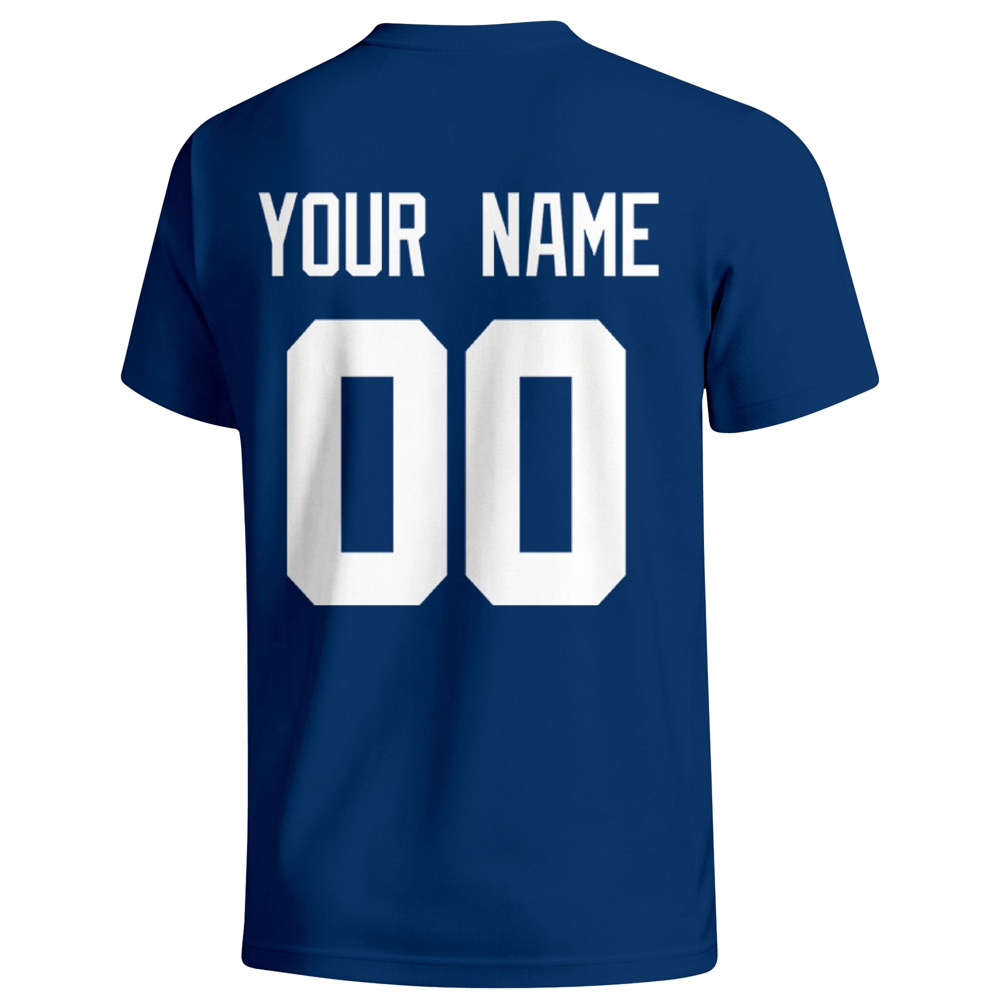 Indianapolis personalized football T shirt in Royal showing the back custom name and number