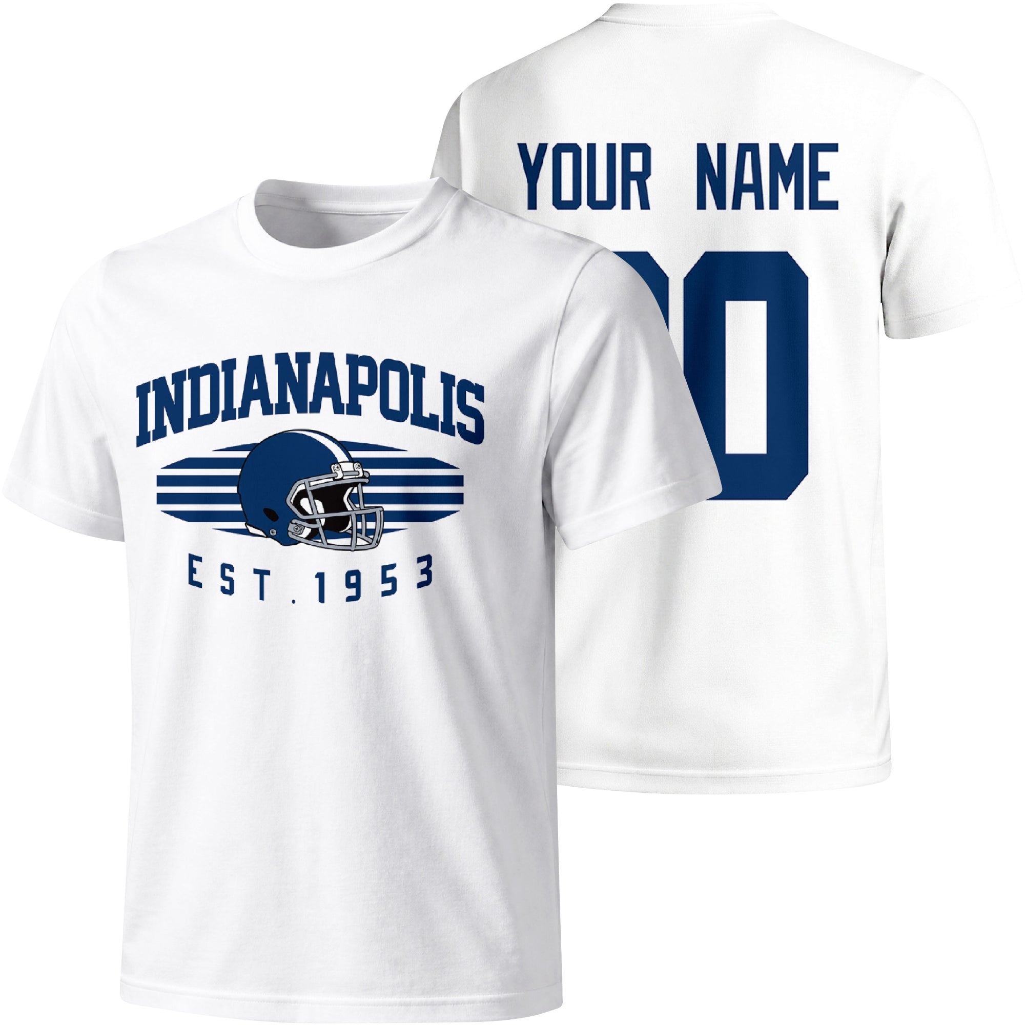 Indianapolis personalized football T shirt in White showing front city design and back custom name and number