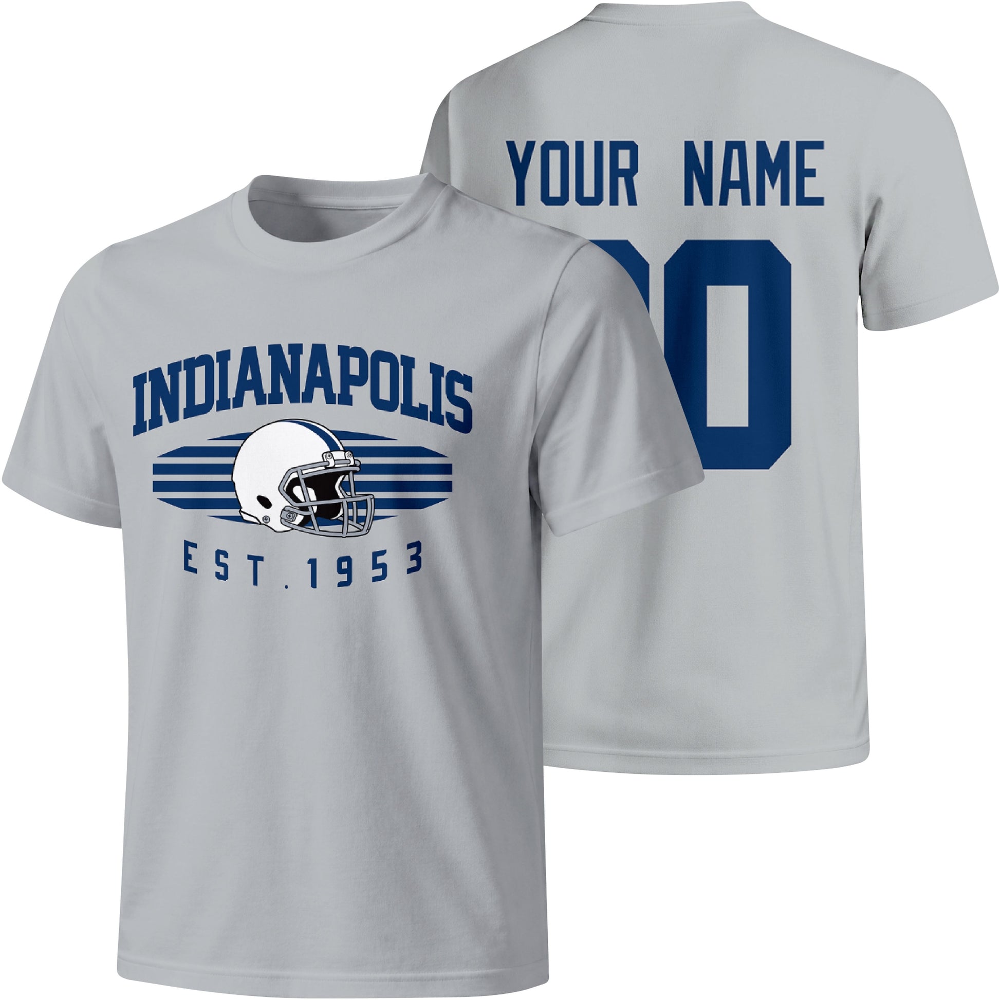 Indianapolis personalized football T shirt in Gray showing front city design and back custom name and number