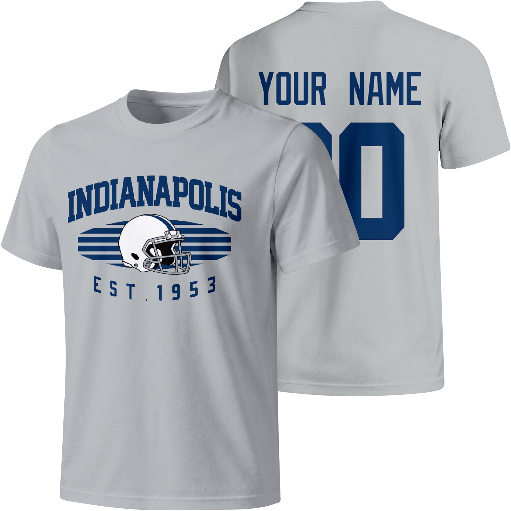 Indianapolis personalized football T shirt in Gray showing front city design and back custom name and number
