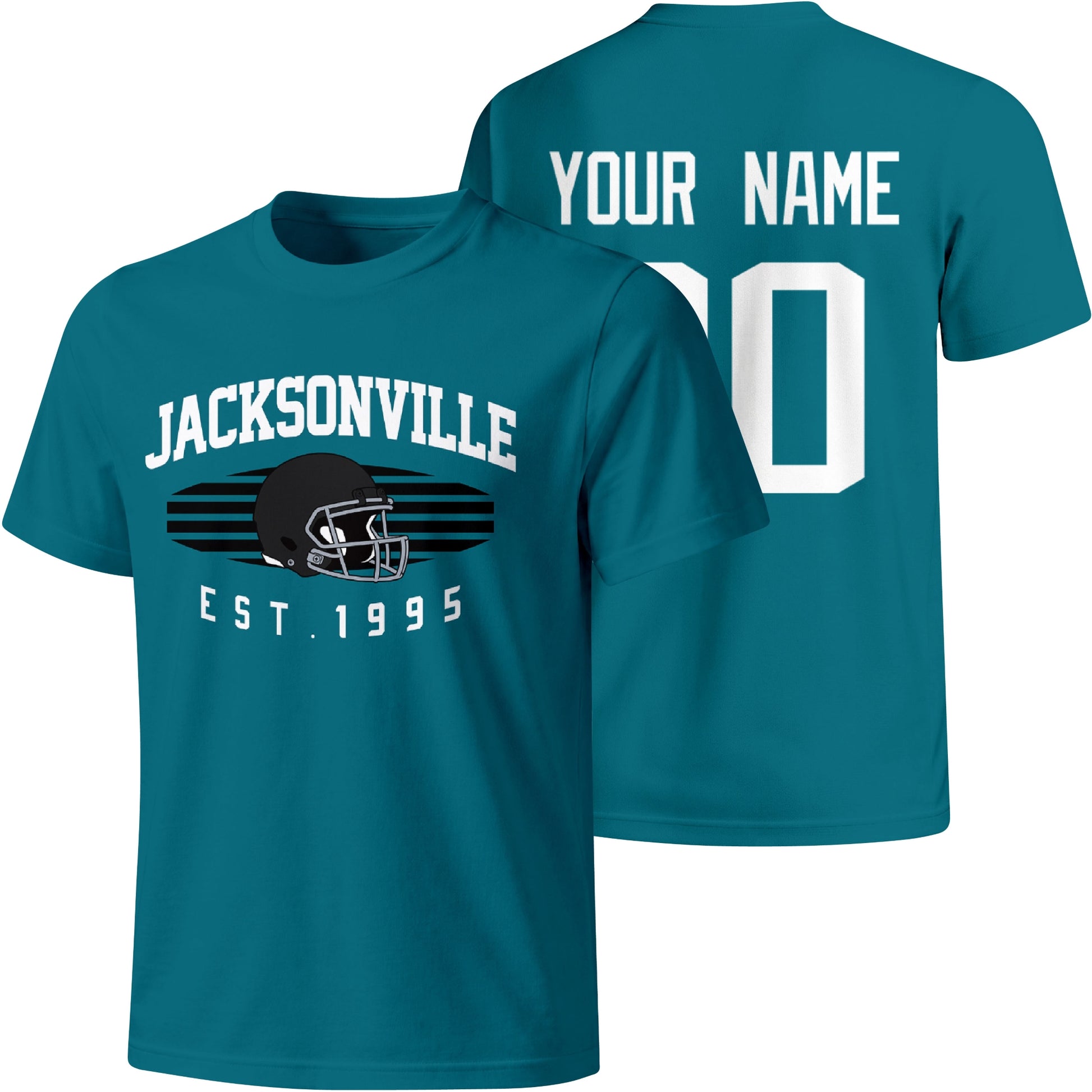 Jacksonville personalized football T shirt in Teal showing front city design and back custom name and number