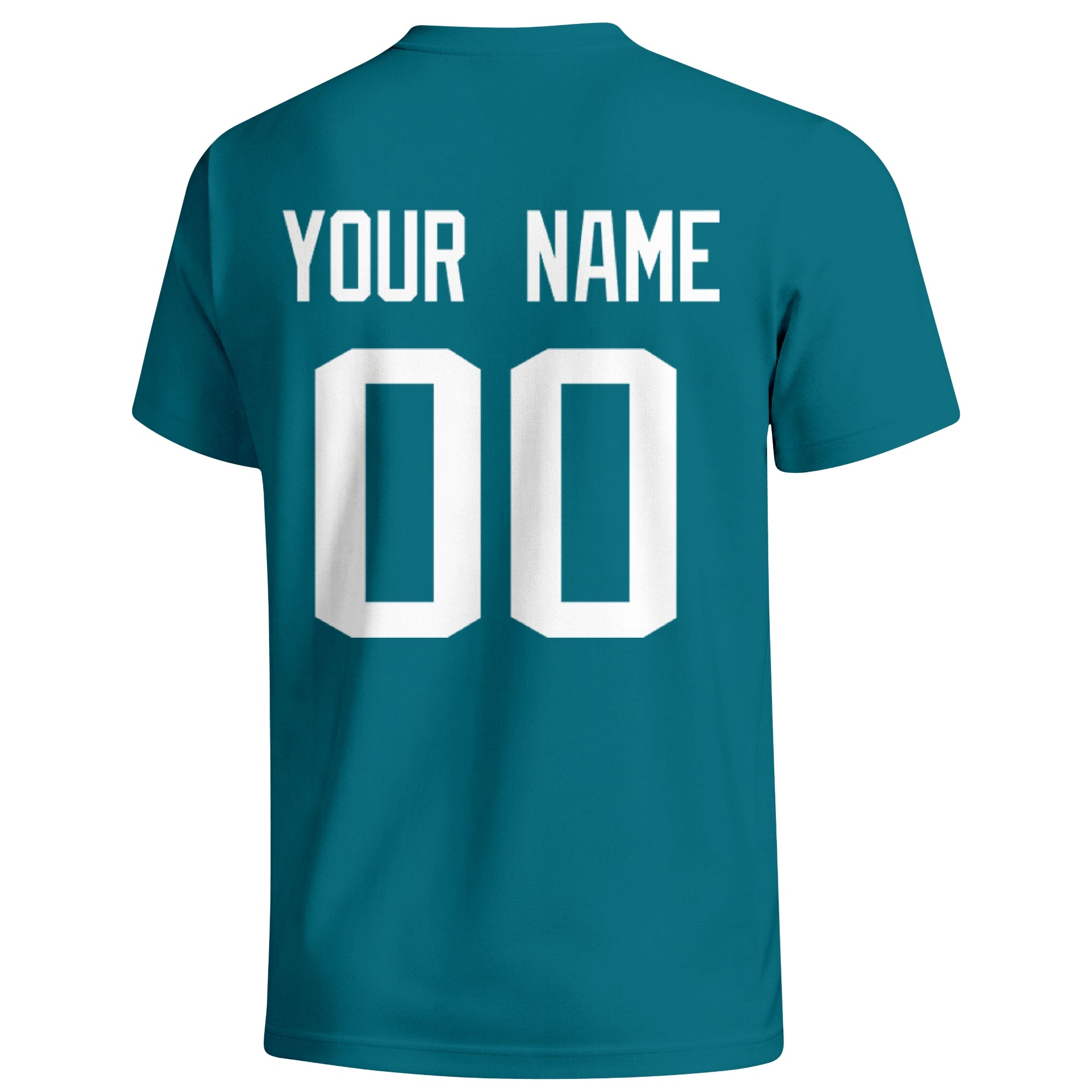 Jacksonville personalized football T shirt in Teal showing the back custom name and number