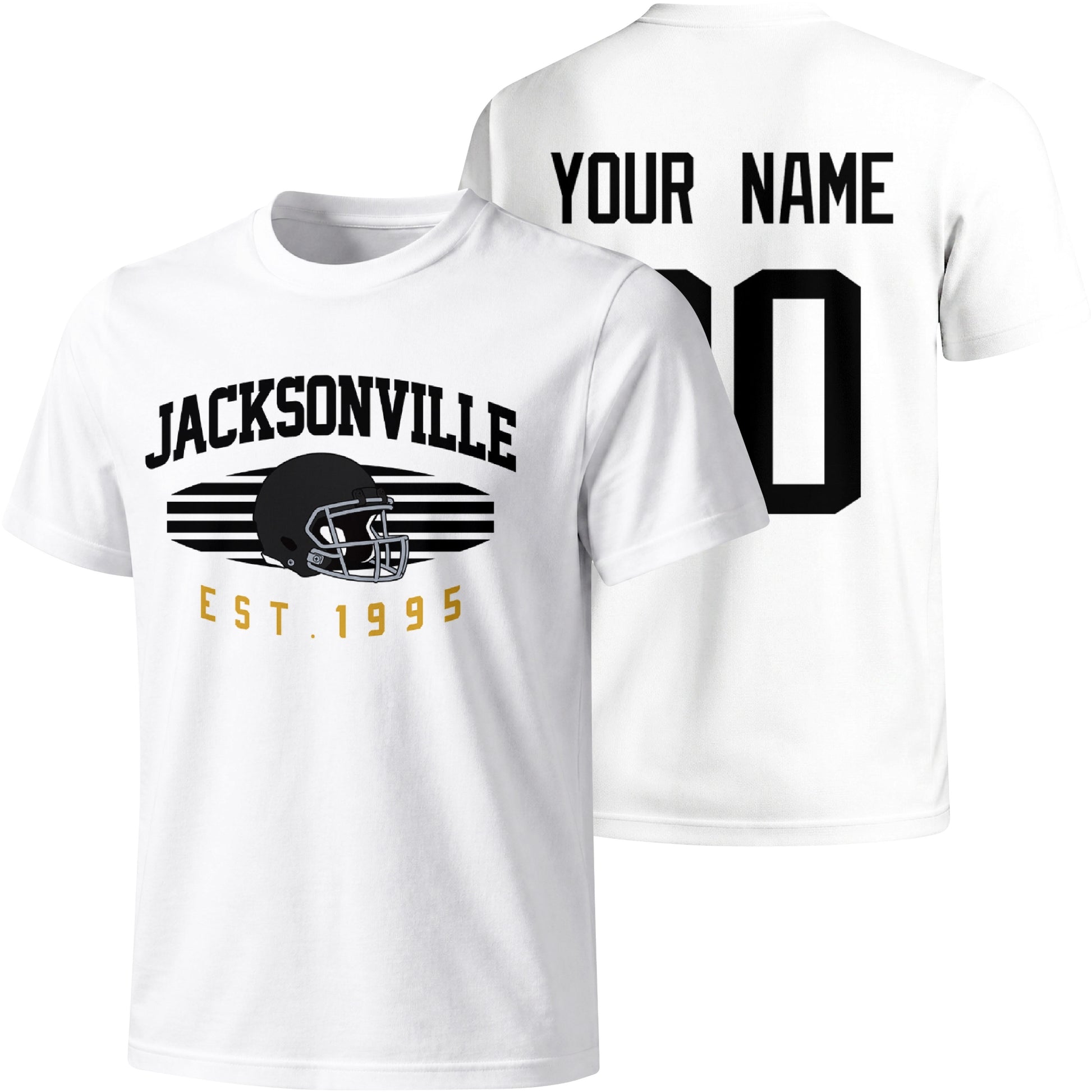 Jacksonville personalized football T shirt in White showing front city design and back custom name and number