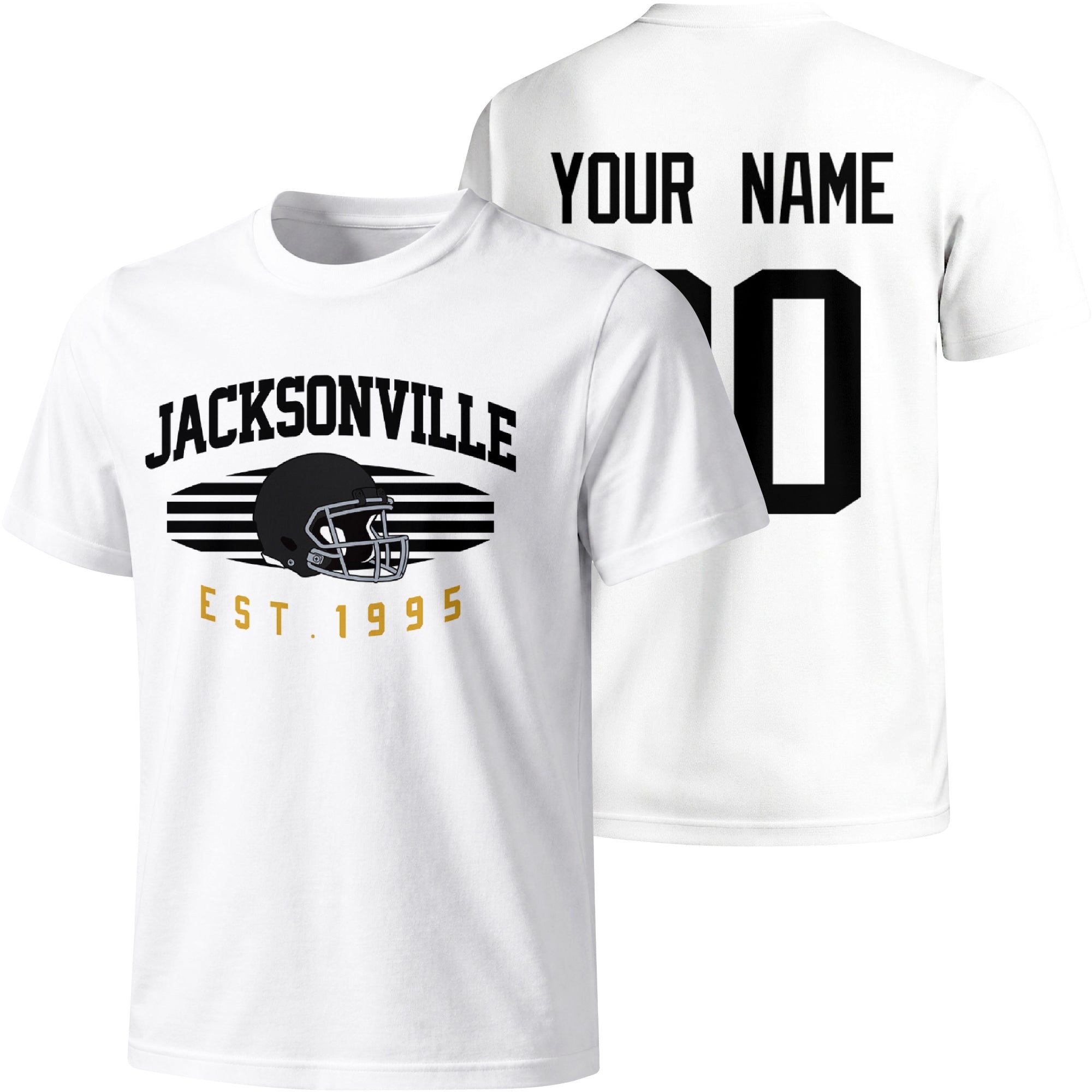 Jacksonville personalized football T shirt in White showing front city design and back custom name and number