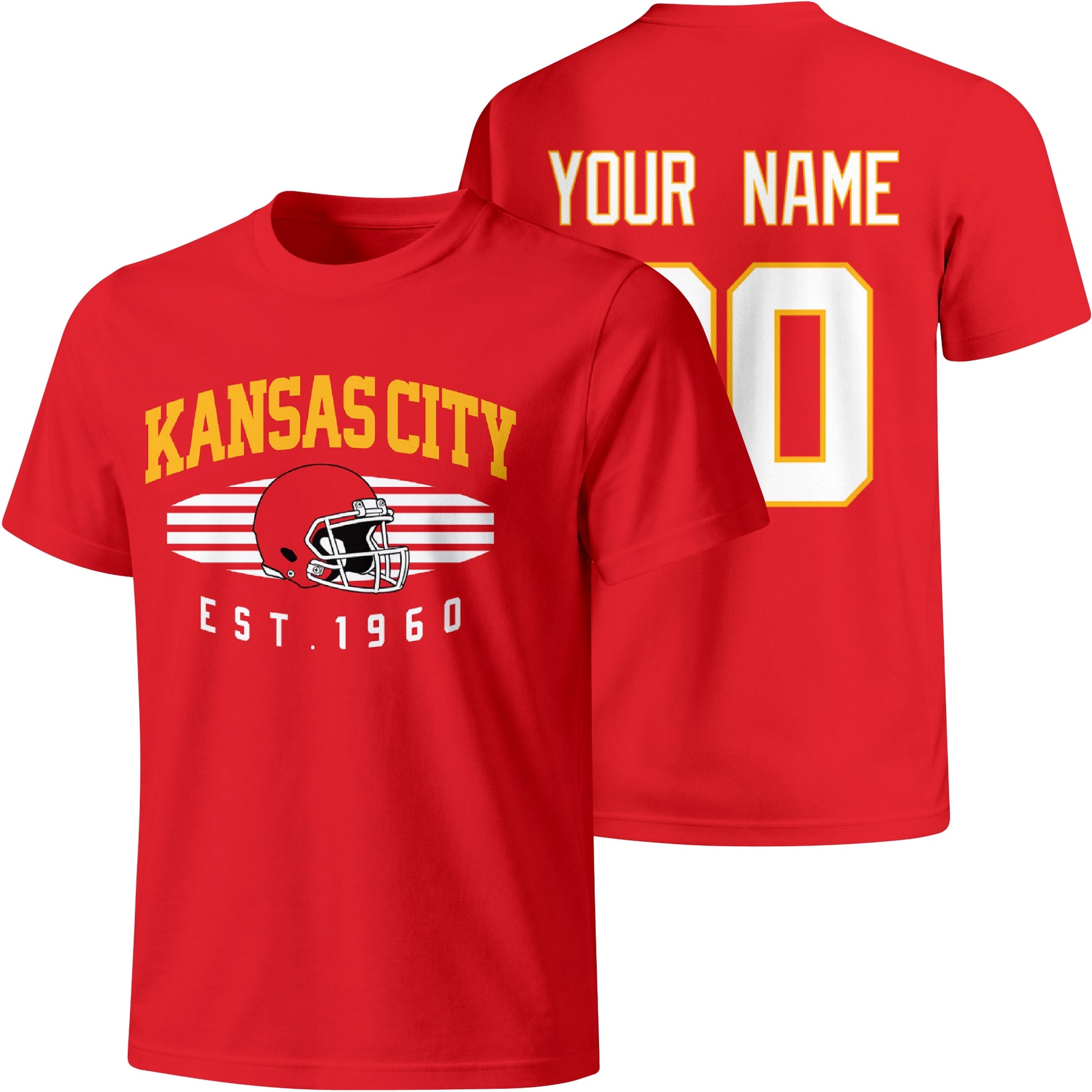 Kansas City personalized football T shirt in Red showing front city design and back custom name and number