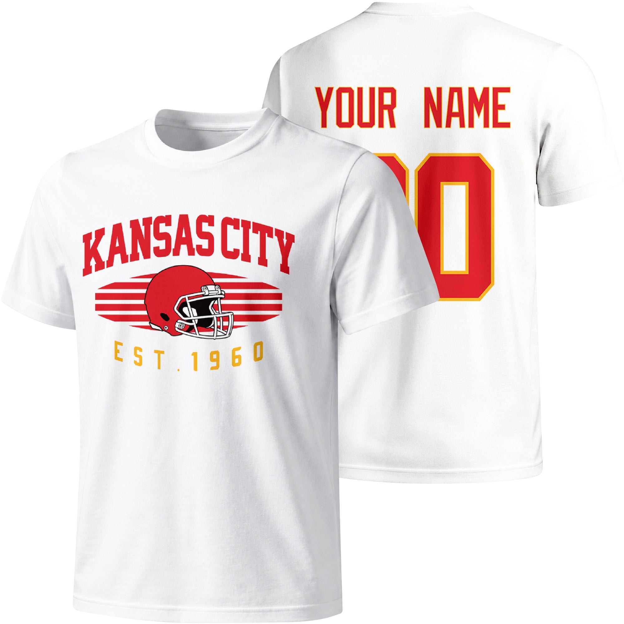 Kansas City personalized football T shirt in White showing front city design and back custom name and number