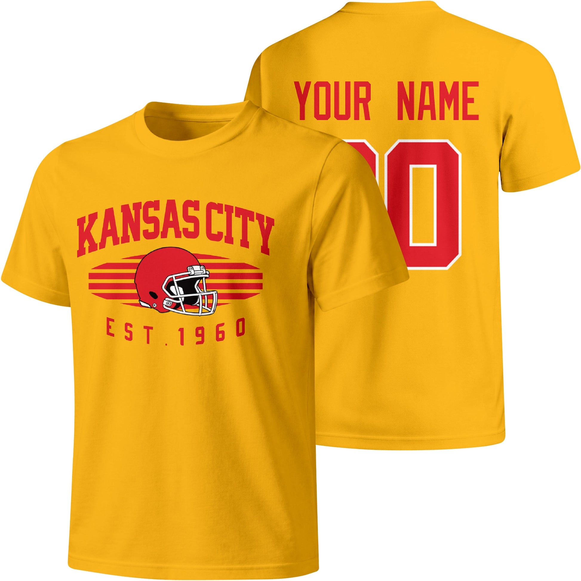 Kansas City personalized football T shirt in Gold showing front city design and back custom name and number