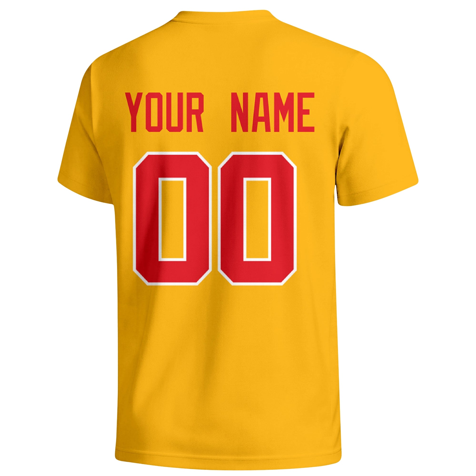 Kansas City personalized football T shirt in Gold showing the back custom name and number