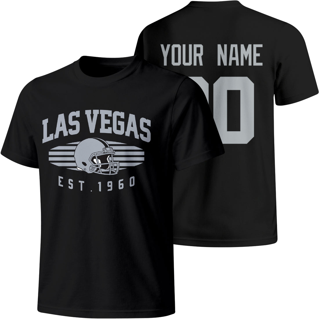 Las Vegas personalized football T shirt in Black showing front city design and back custom name and number