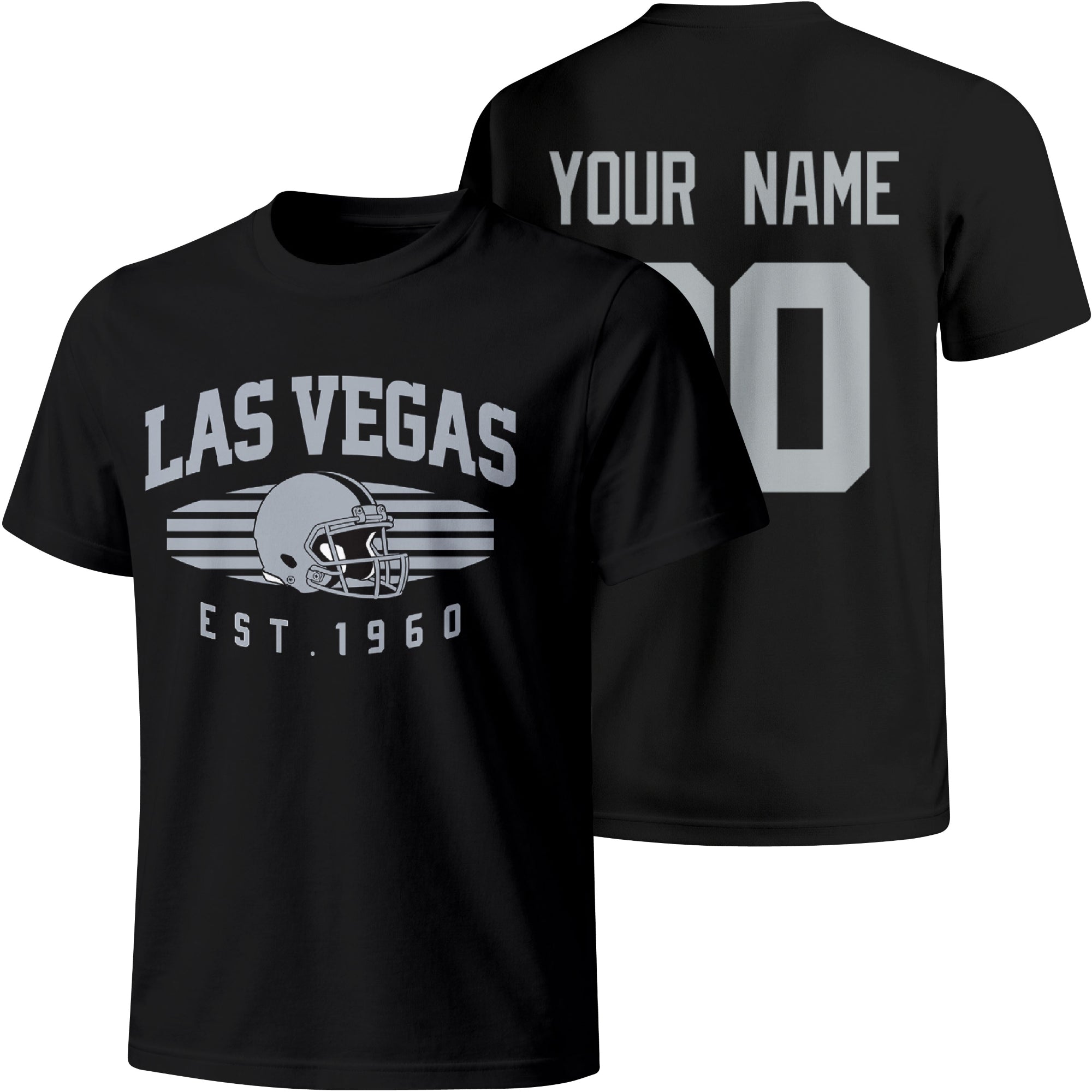 Las Vegas personalized football T shirt in Black showing front city design and back custom name and number
