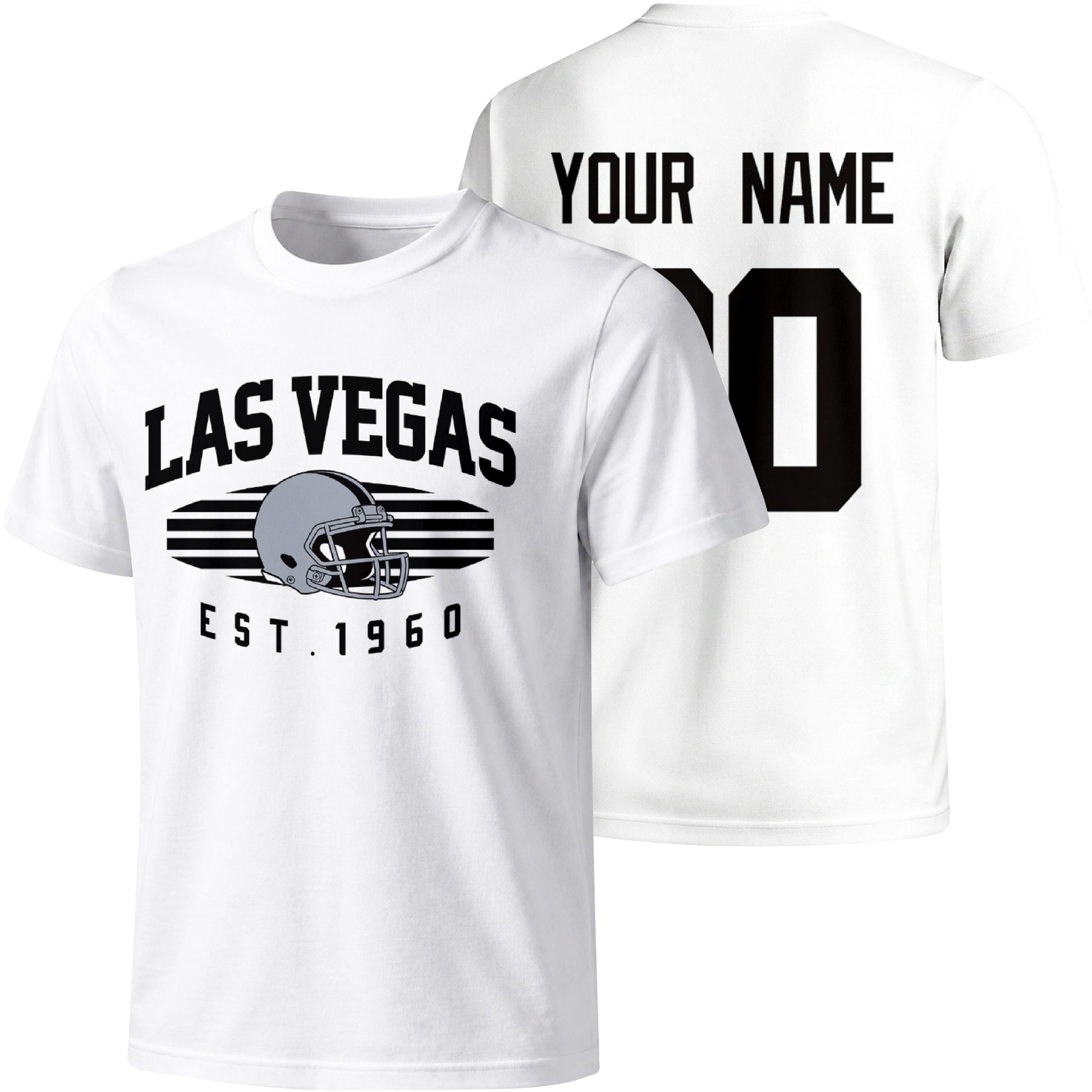 Las Vegas personalized football T shirt in White showing front city design and back custom name and number
