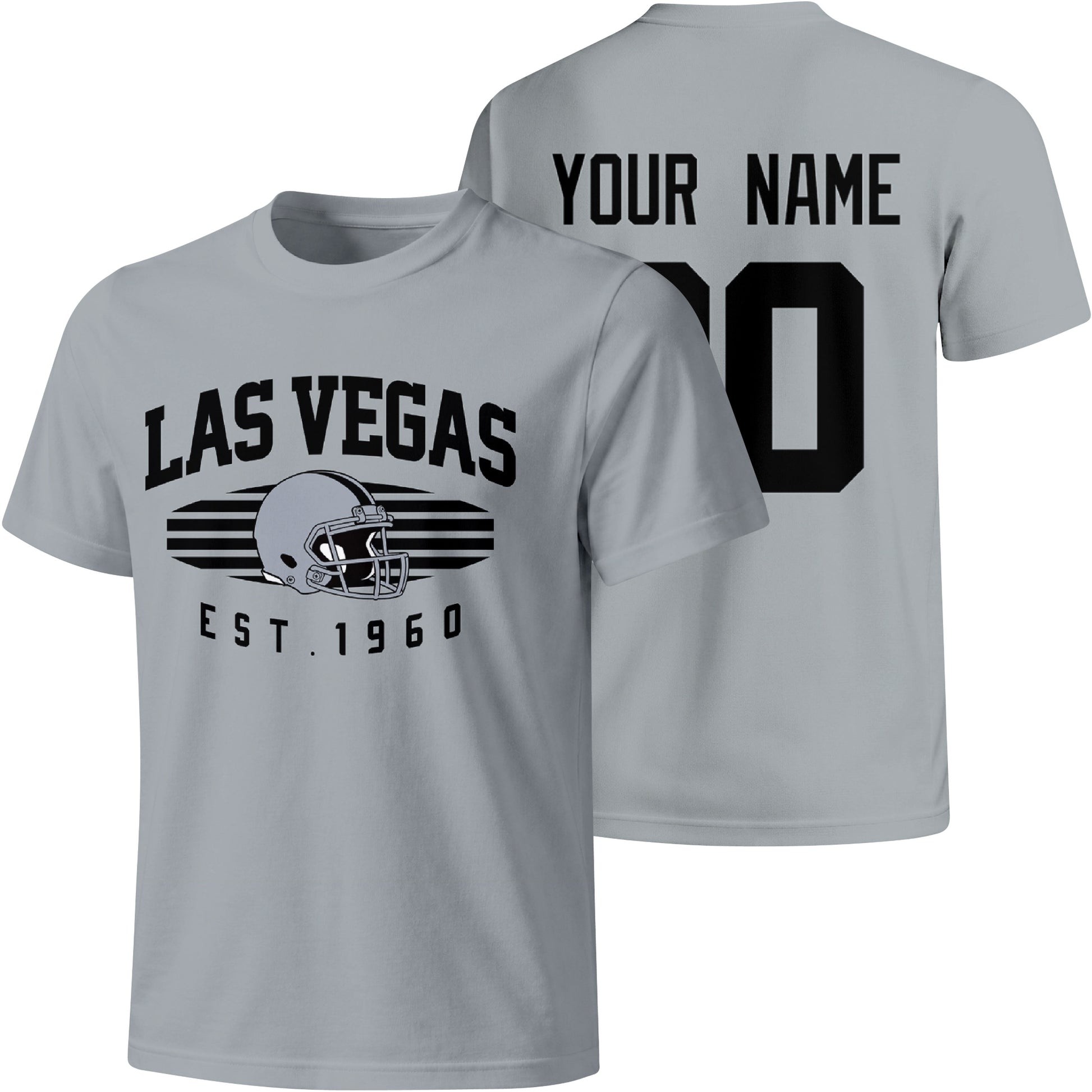 Las Vegas personalized football T shirt in Gray showing front city design and back custom name and number
