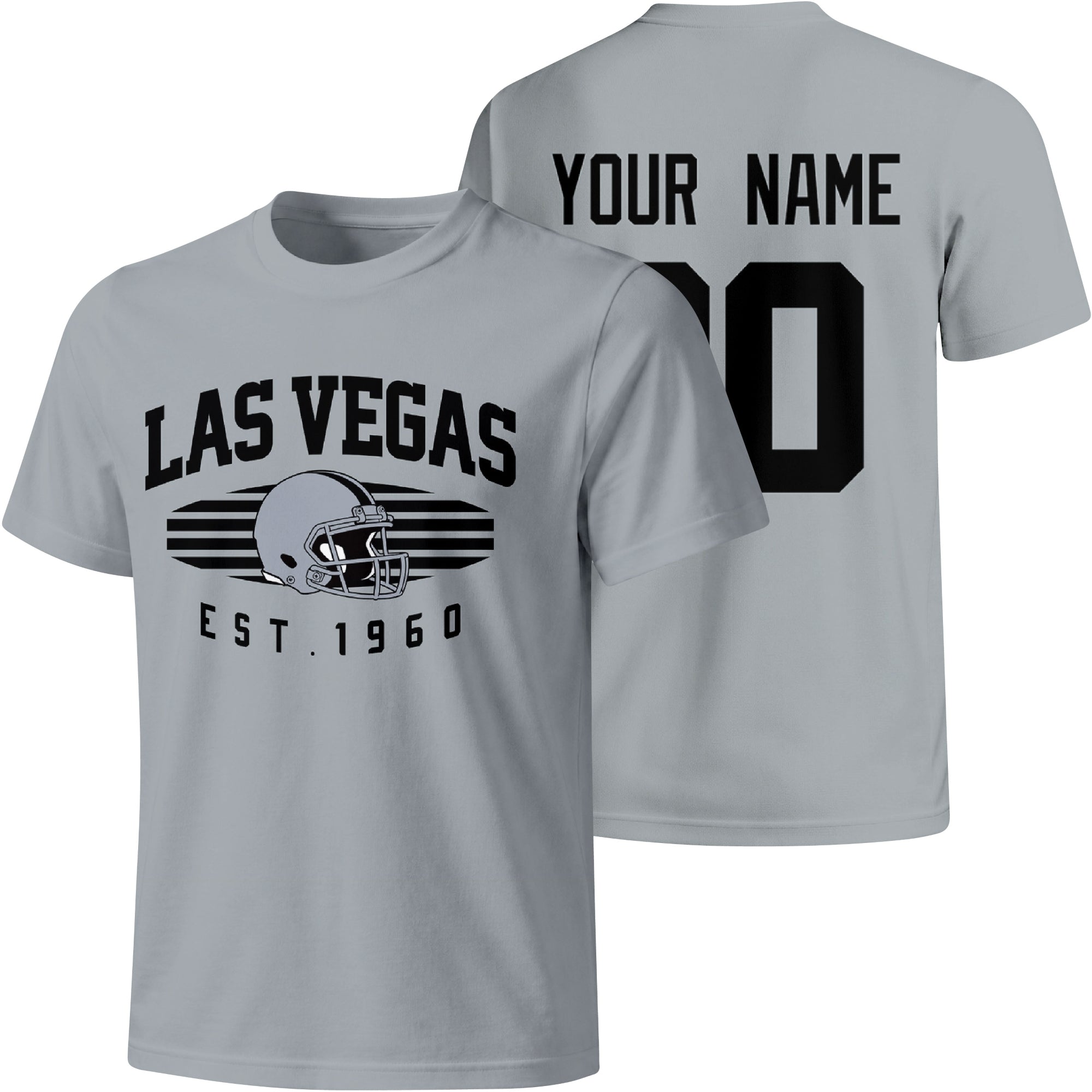 Las Vegas personalized football T shirt in Gray showing front city design and back custom name and number