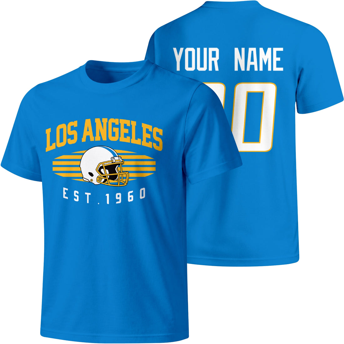 Los Angeles Blue personalized football T shirt in Blue showing front city design and back custom name and number