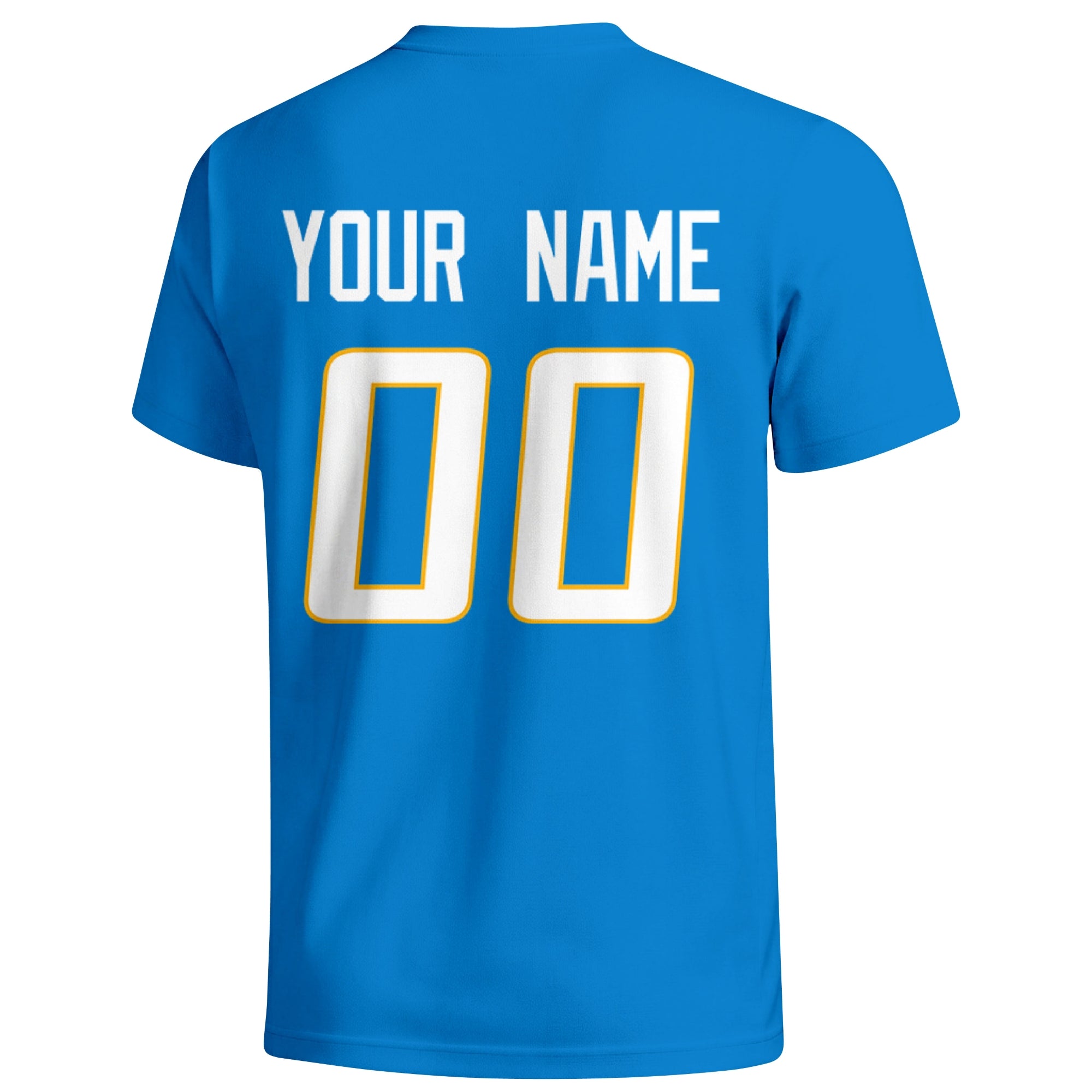 Los Angeles Blue personalized football T shirt in Blue showing the back custom name and number