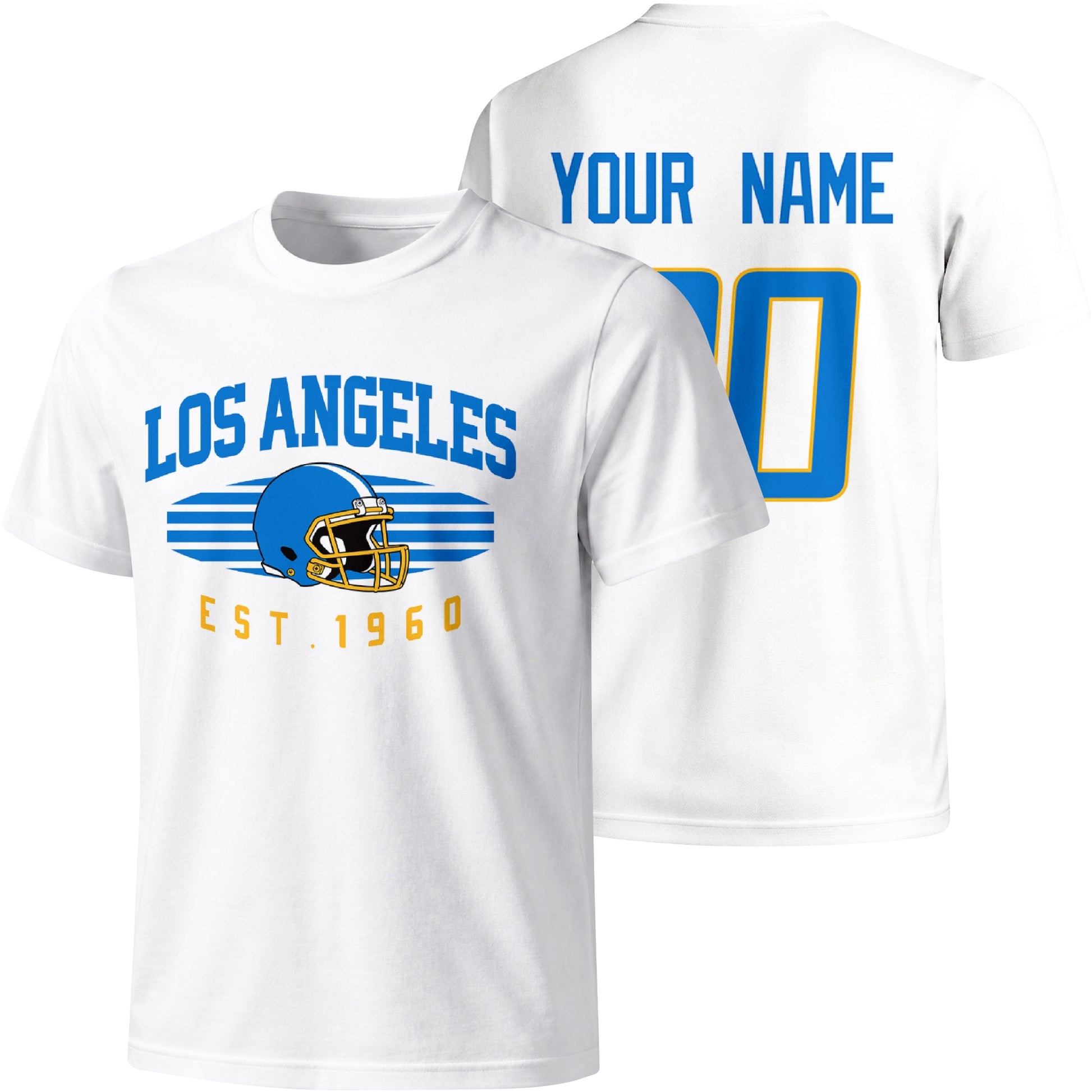 Los Angeles Blue personalized football T shirt in White showing front city design and back custom name and number
