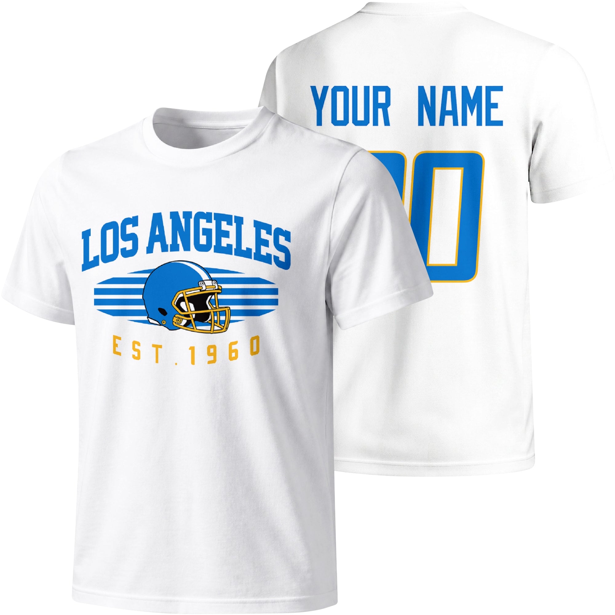 Los Angeles Blue personalized football T shirt in White showing front city design and back custom name and number