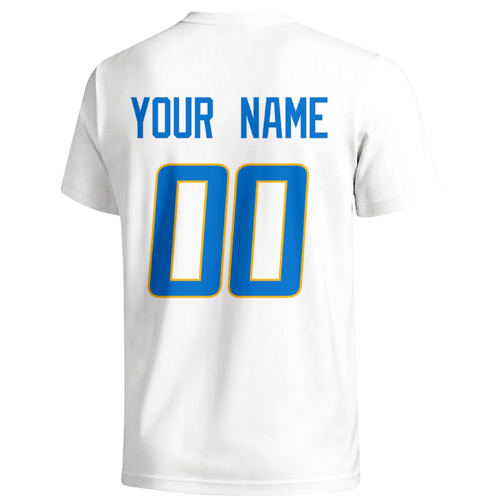 Los Angeles Blue personalized football T shirt in White showing the back custom name and number