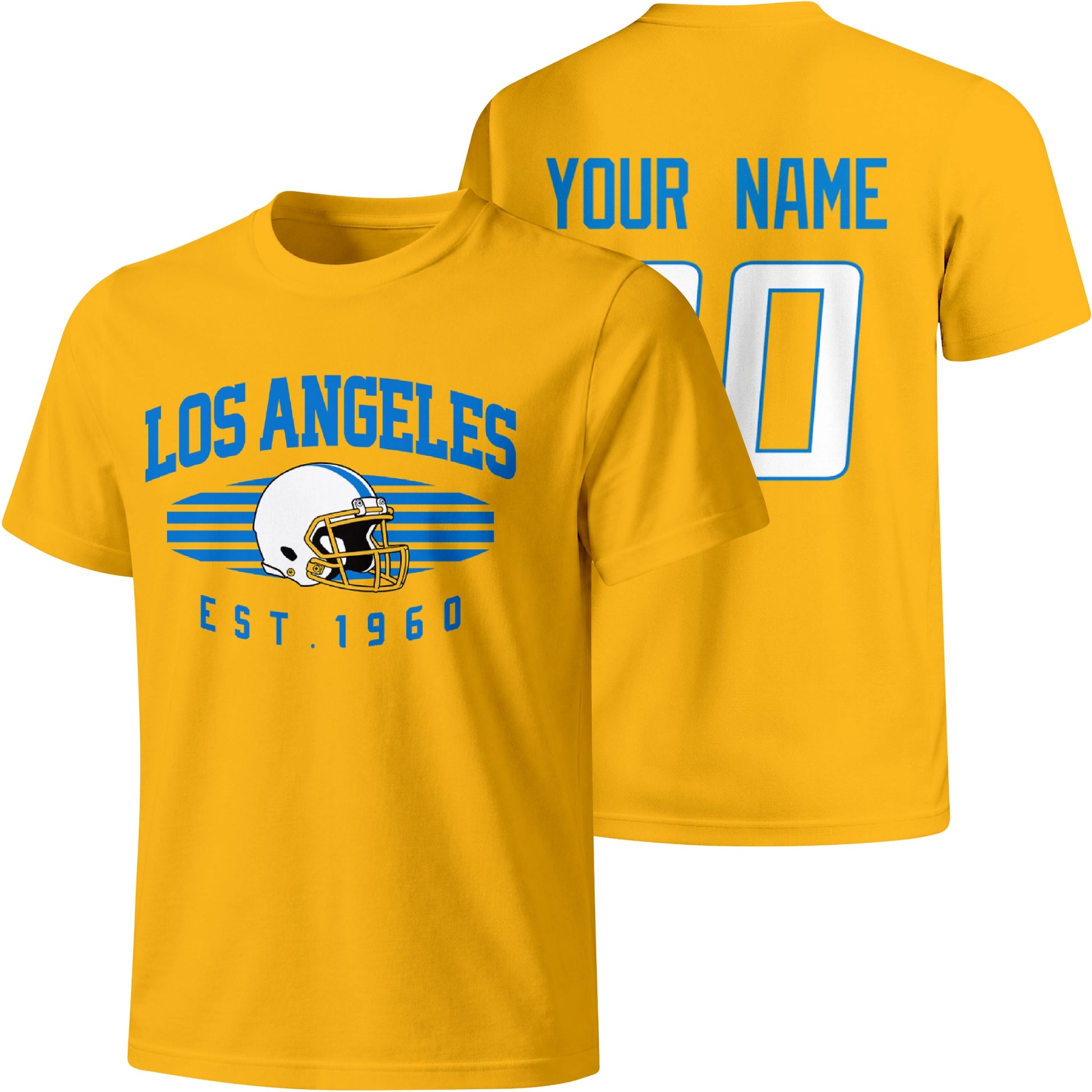 Los Angeles Blue personalized football T shirt in Gold showing front city design and back custom name and number