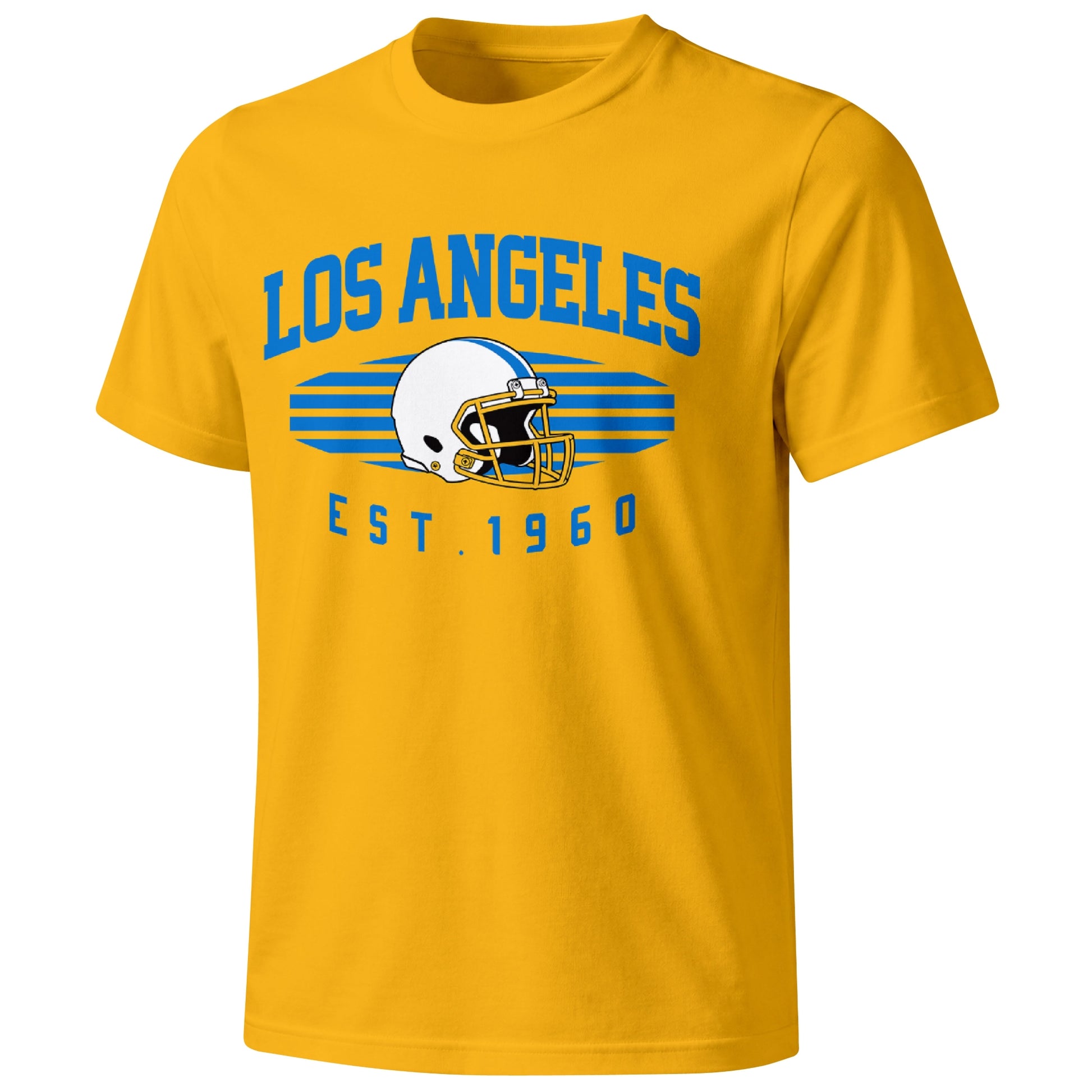 Los Angeles Blue football T shirt in Gold showing the front city and football design