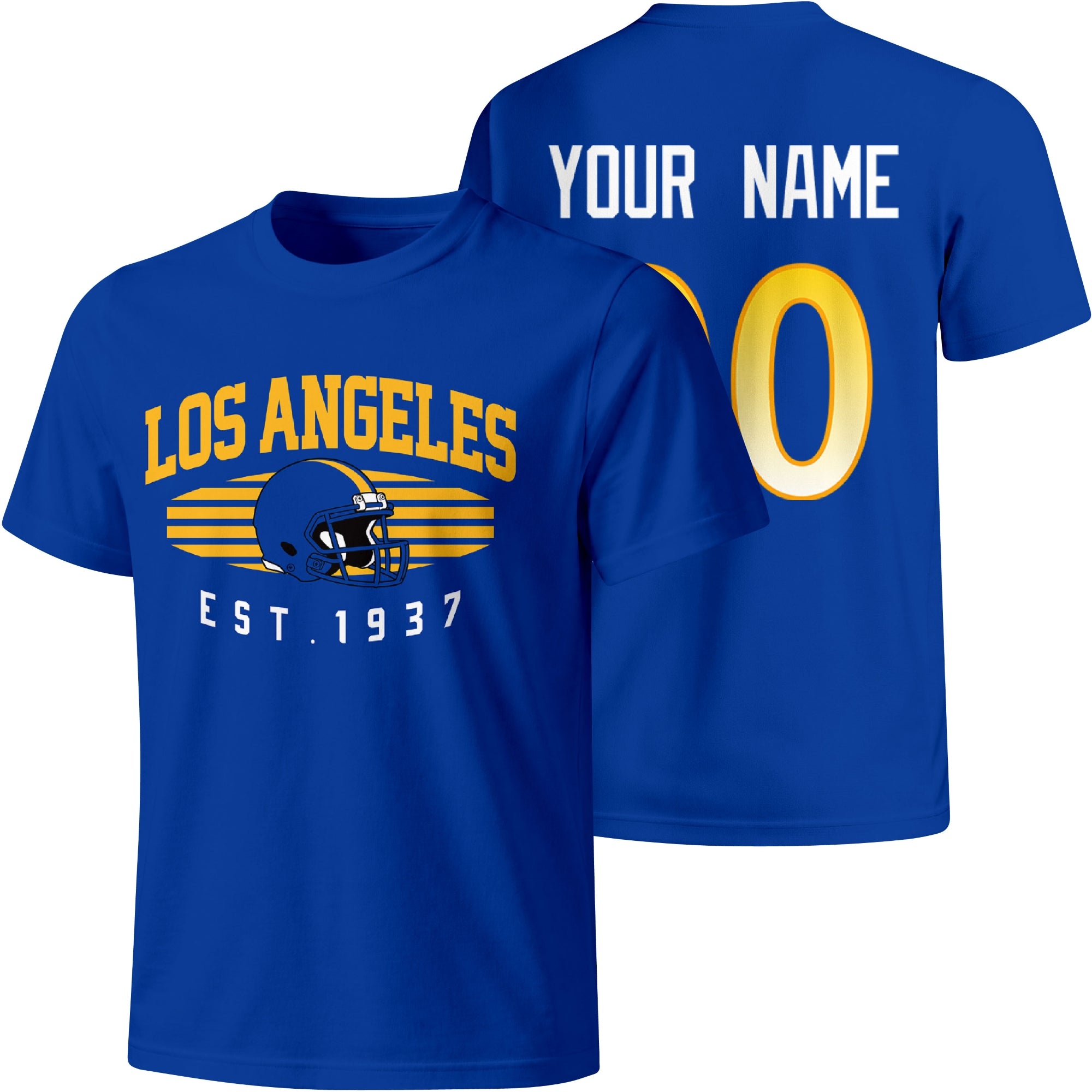 Los Angeles Royal personalized football T shirt in Royal showing front city design and back custom name and number