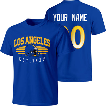 Los Angeles Royal personalized football T shirt in Royal showing front city design and back custom name and number