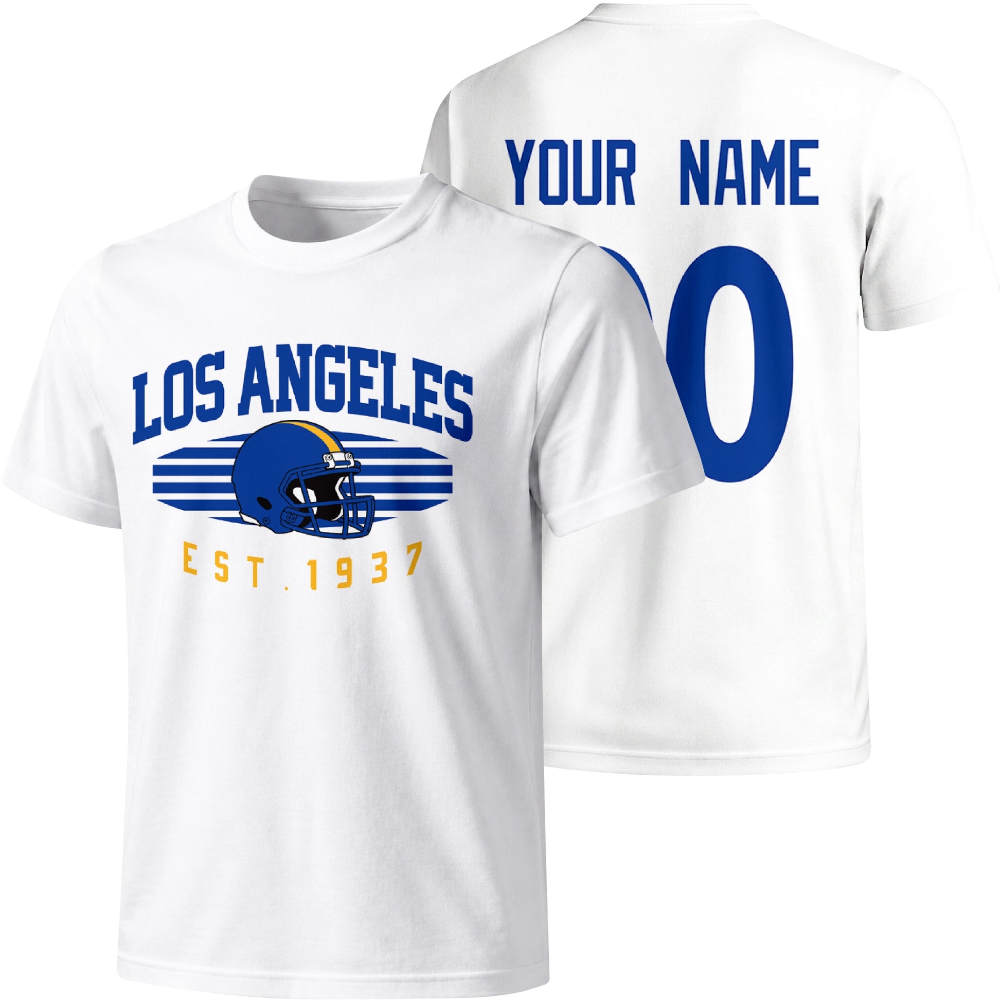 Los Angeles Royal personalized football T shirt in White showing front city design and back custom name and number