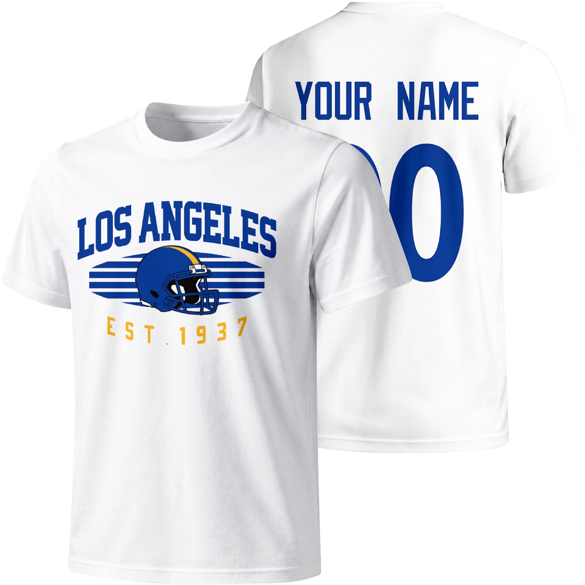 Los Angeles Royal personalized football T shirt in White showing front city design and back custom name and number