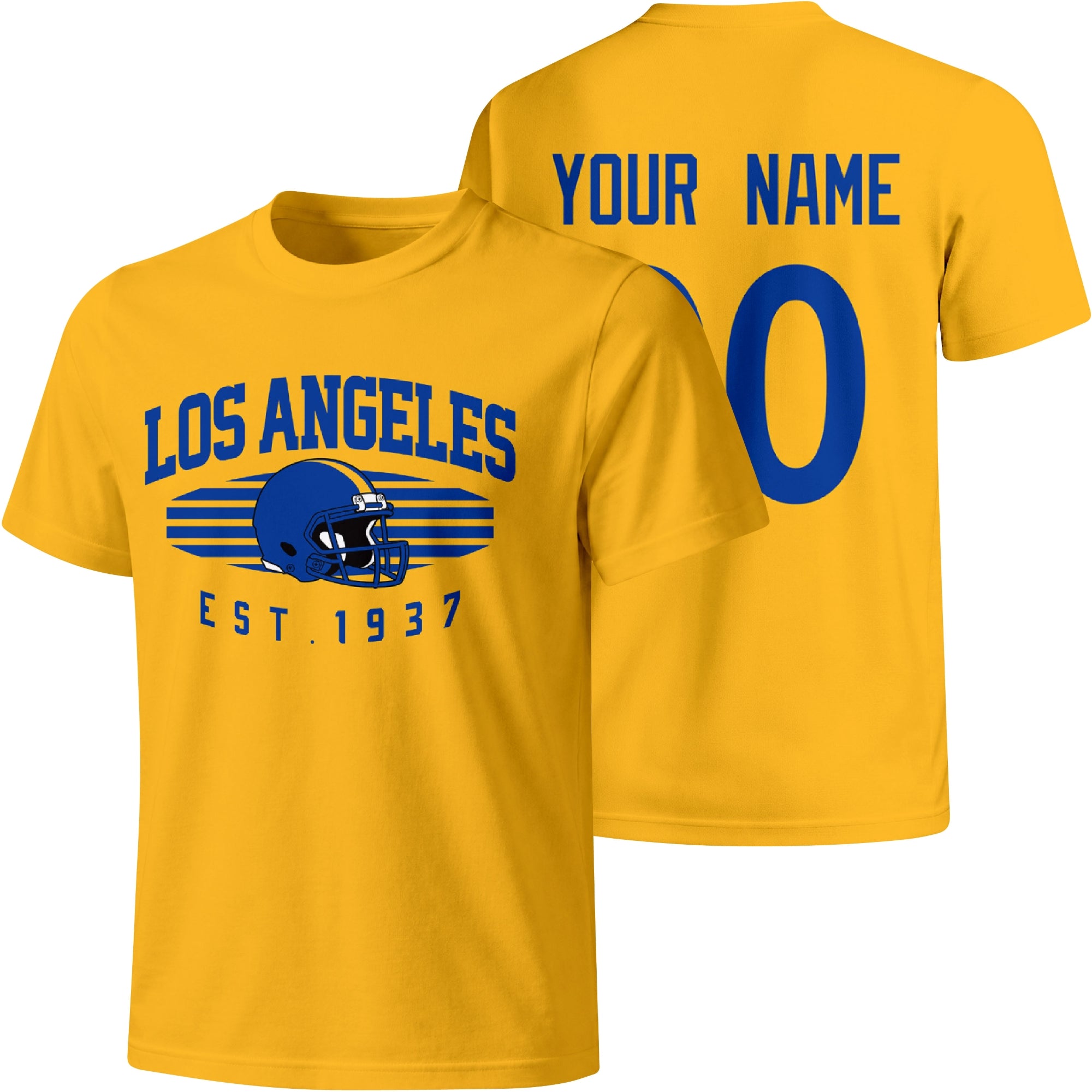Los Angeles Royal personalized football T shirt in Gold showing front city design and back custom name and number