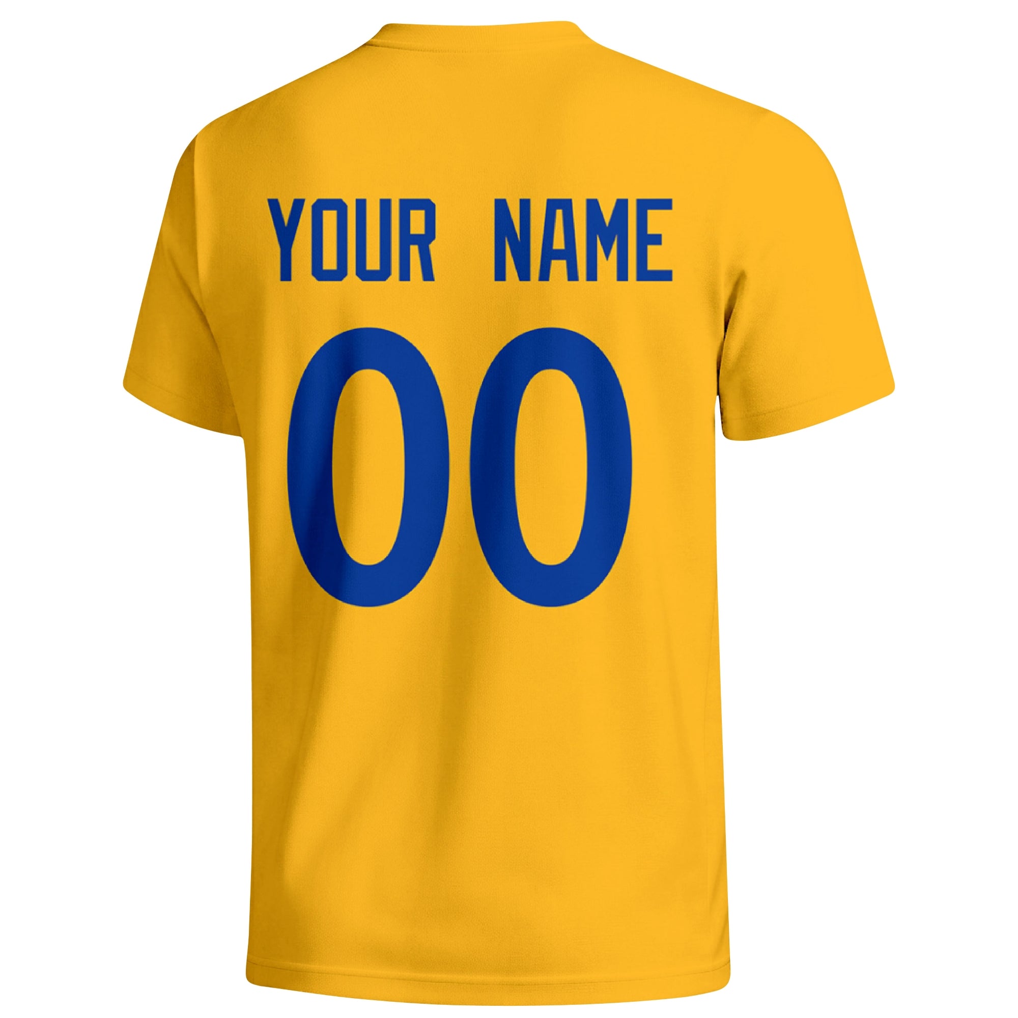 Los Angeles Royal personalized football T shirt in Gold showing the back custom name and number