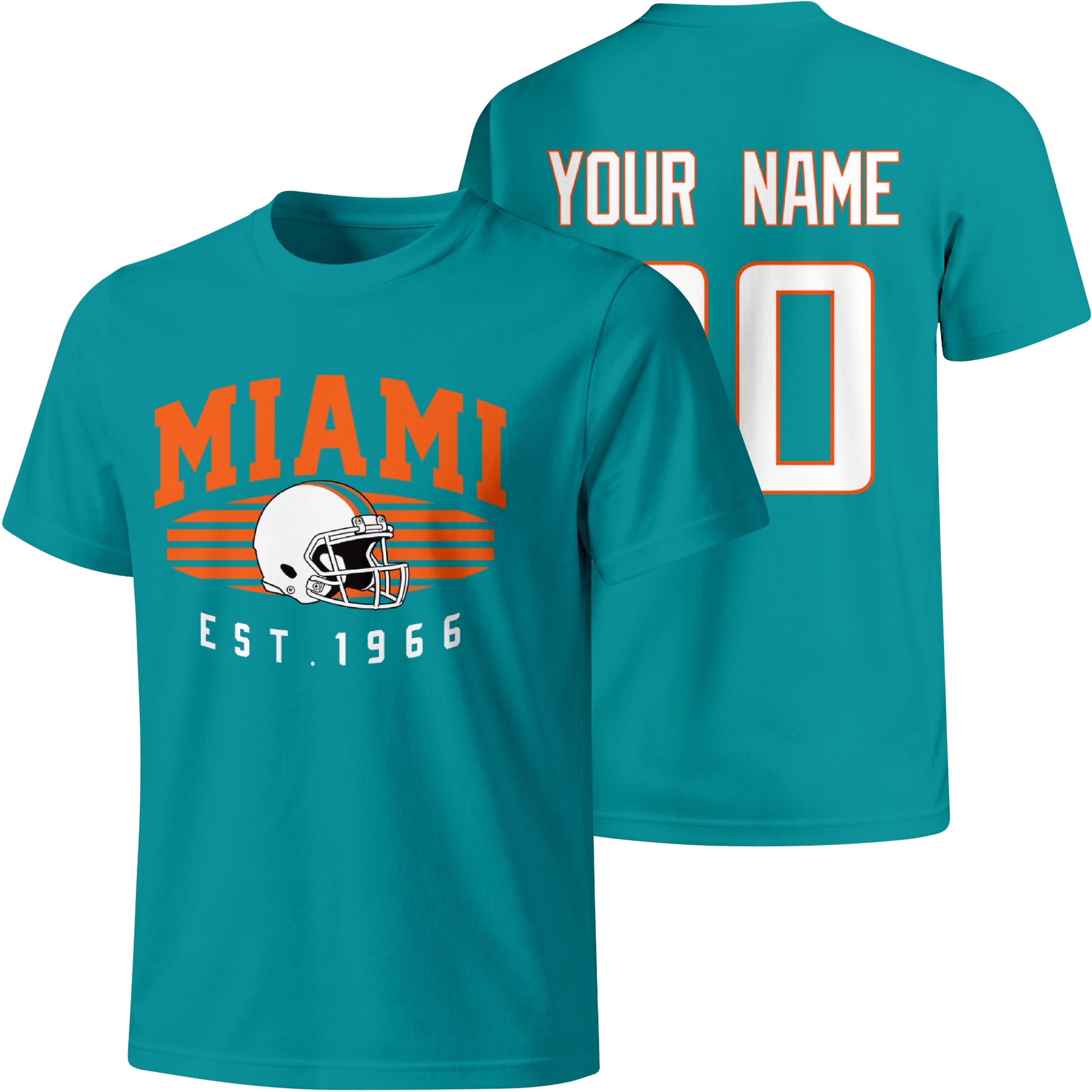 Miami personalized football T shirt in Aqua showing front city design and back custom name and number