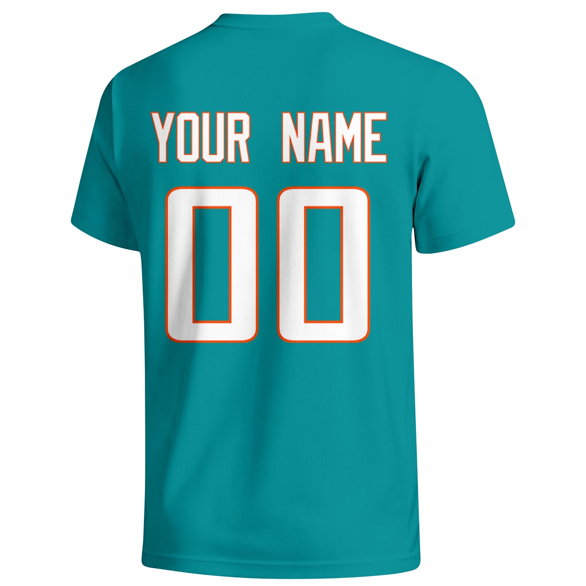 Miami personalized football T shirt in Aqua showing the back custom name and number
