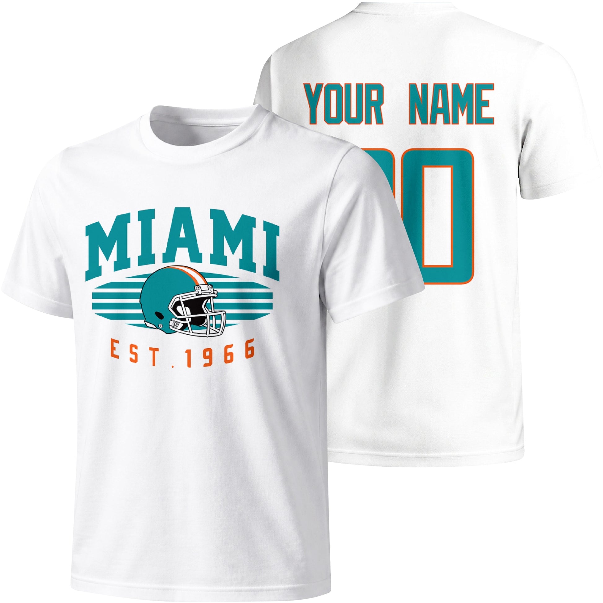 Miami personalized football T shirt in White showing front city design and back custom name and number