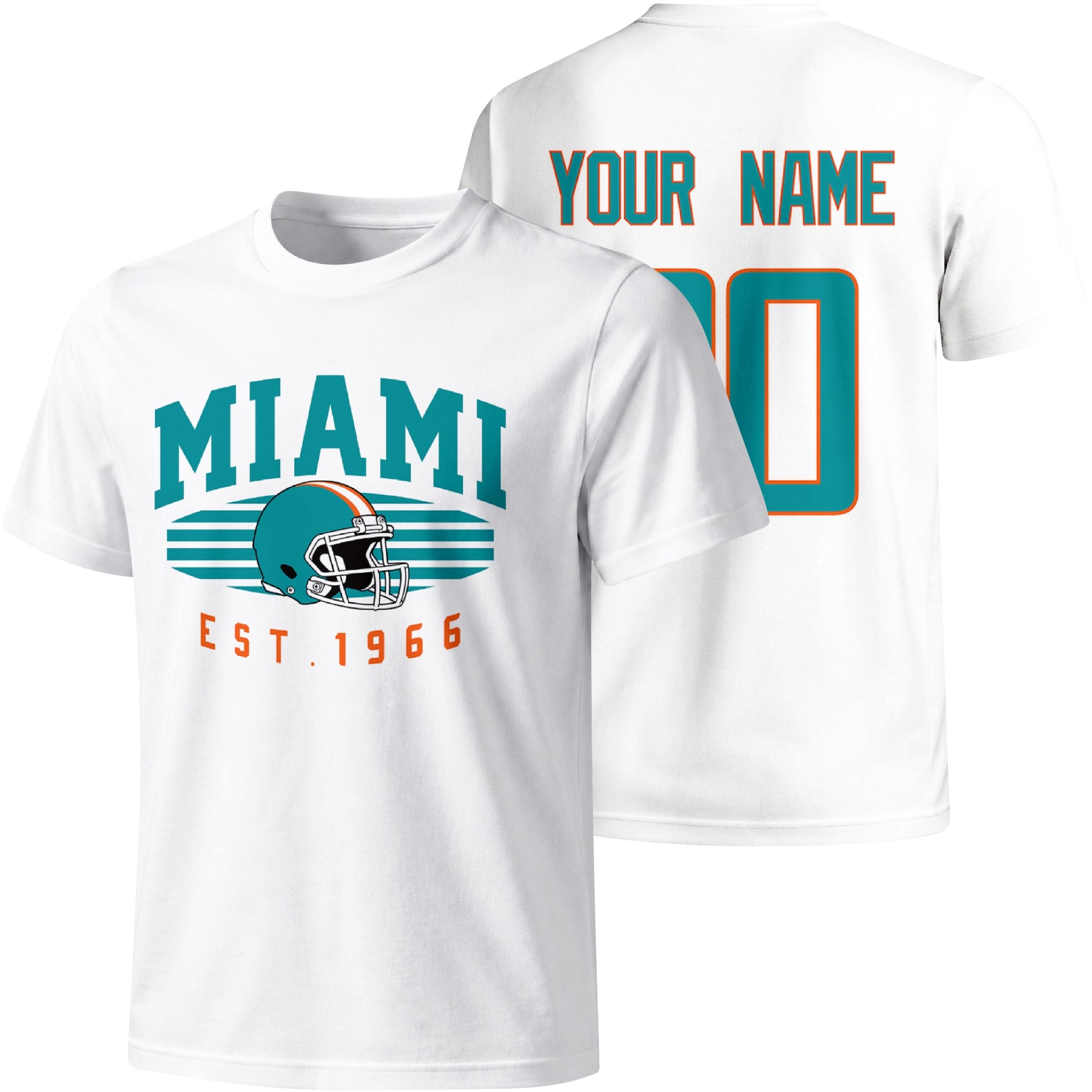 Miami personalized football T shirt in White showing front city design and back custom name and number