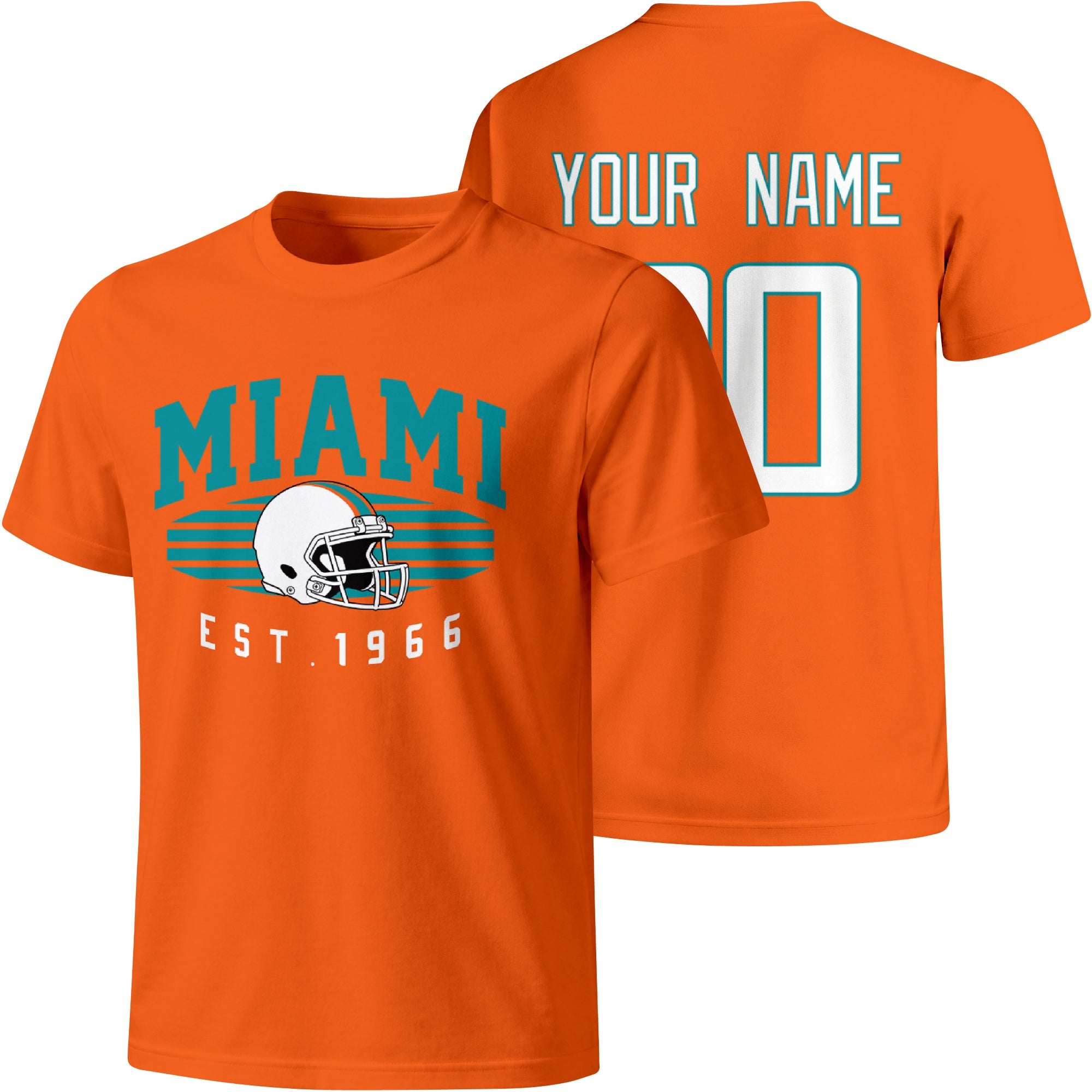 Miami personalized football T shirt in Orange showing front city design and back custom name and number