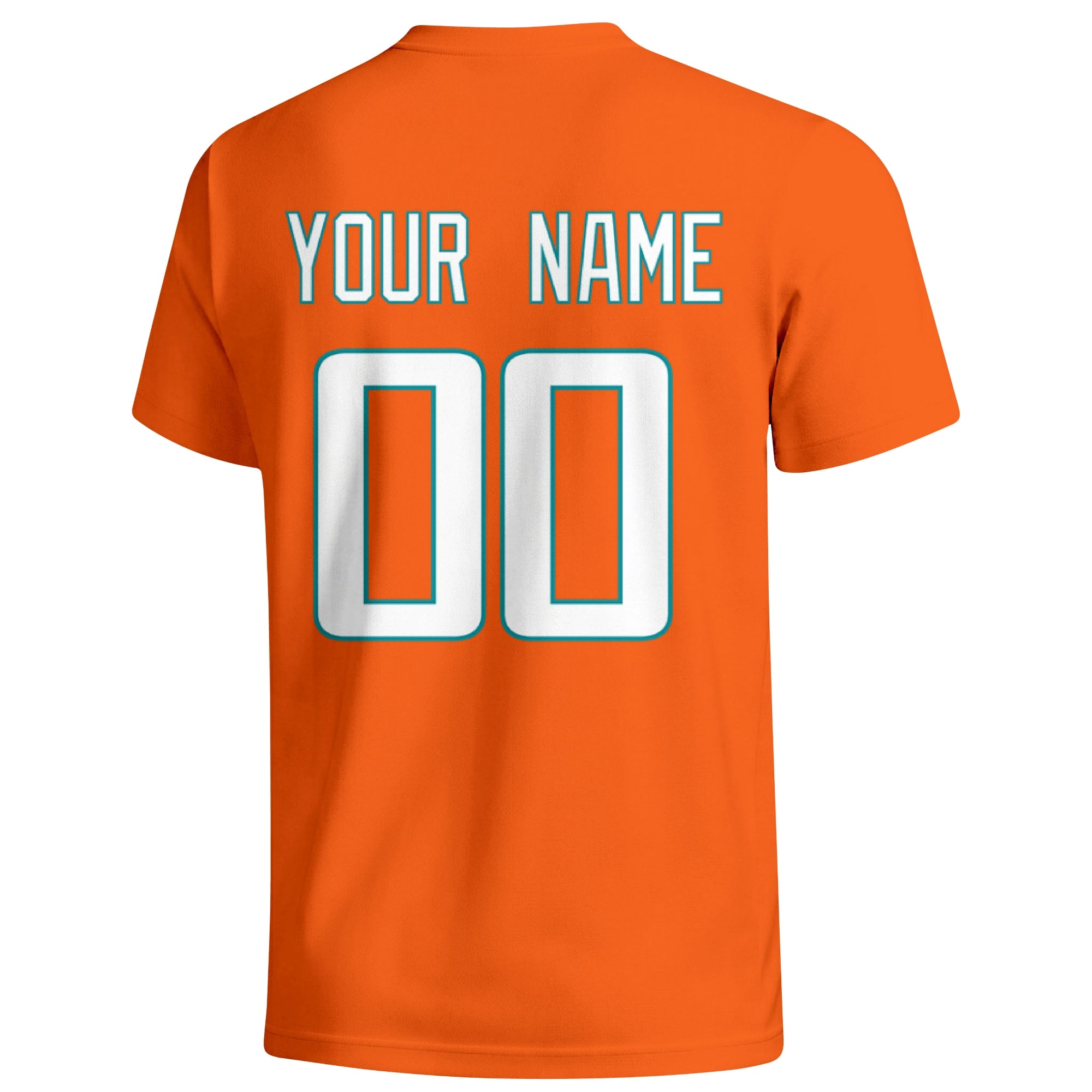 Miami personalized football T shirt in Orange showing the back custom name and number