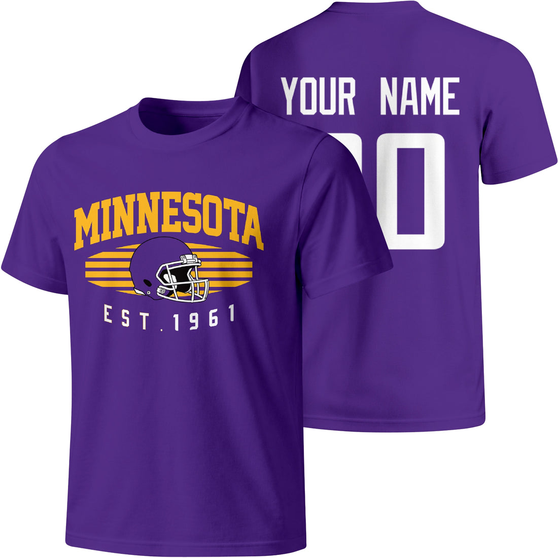 Minnesota personalized football T shirt in Purple showing front city design and back custom name and number