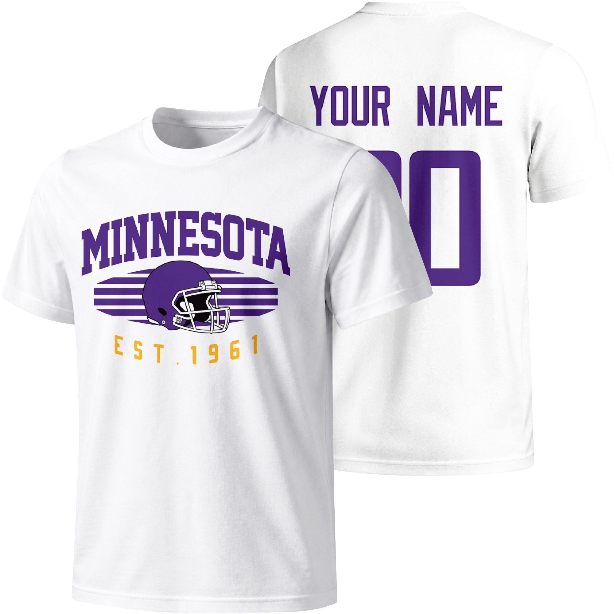 Minnesota personalized football T shirt in White showing front city design and back custom name and number