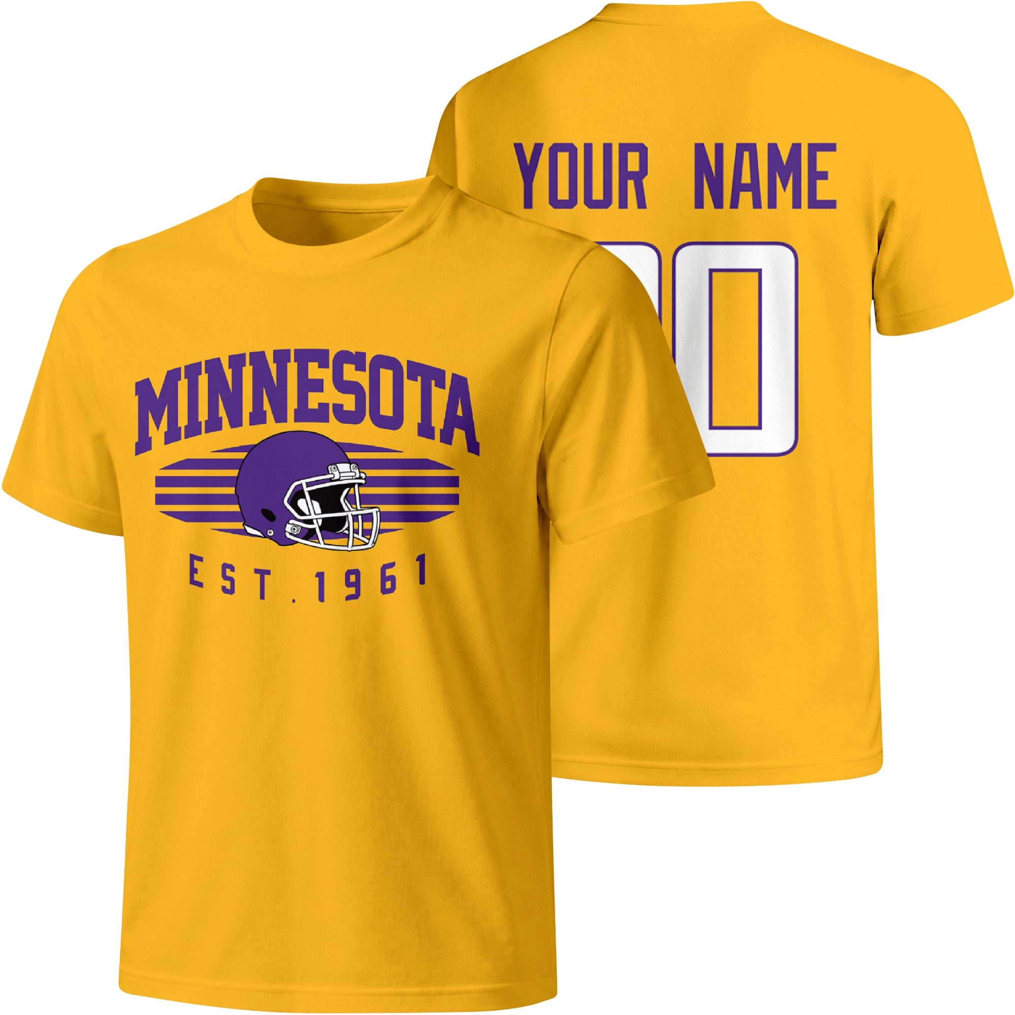 Minnesota personalized football T shirt in Gold showing front city design and back custom name and number