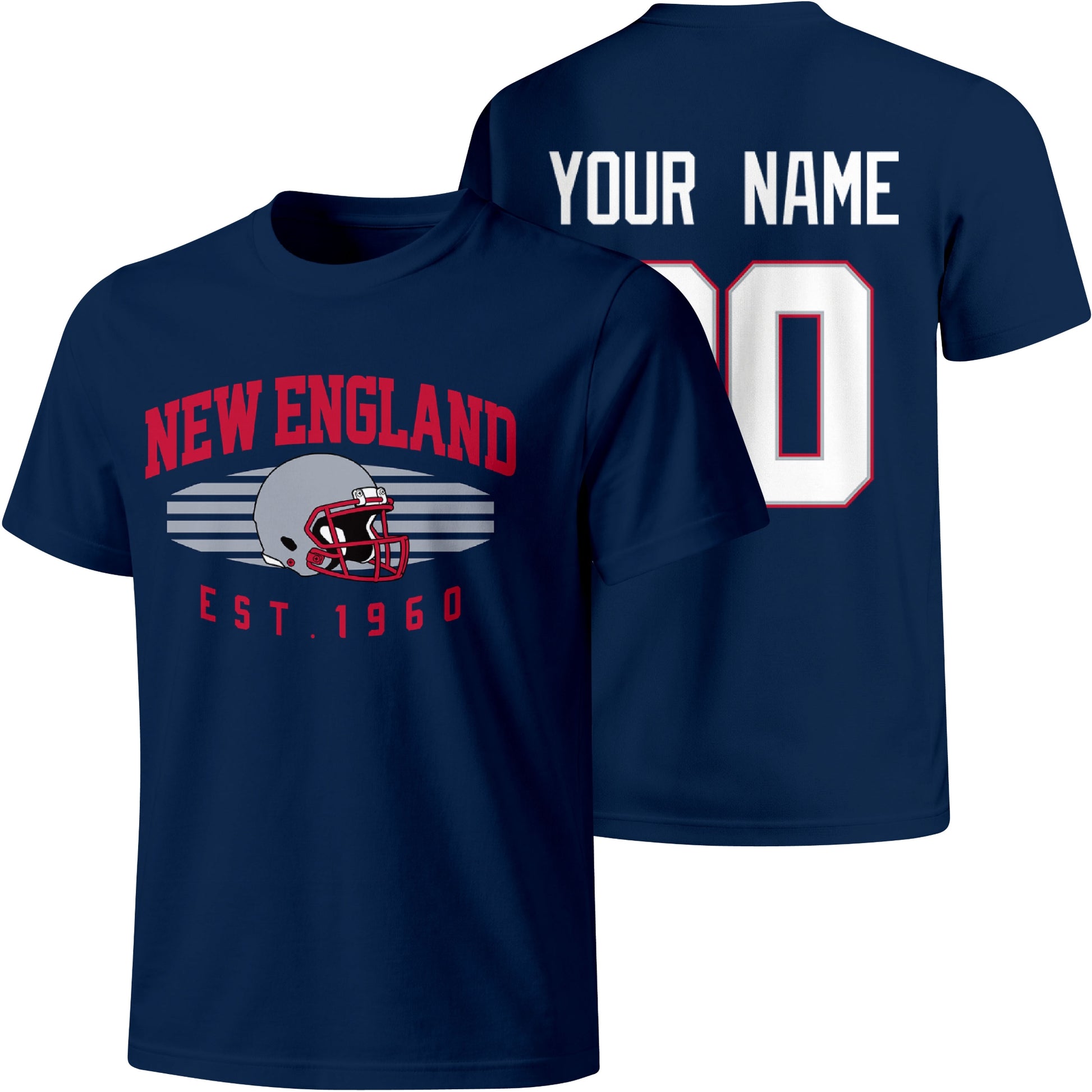 New England personalized football T shirt in Navy showing front city design and back custom name and number