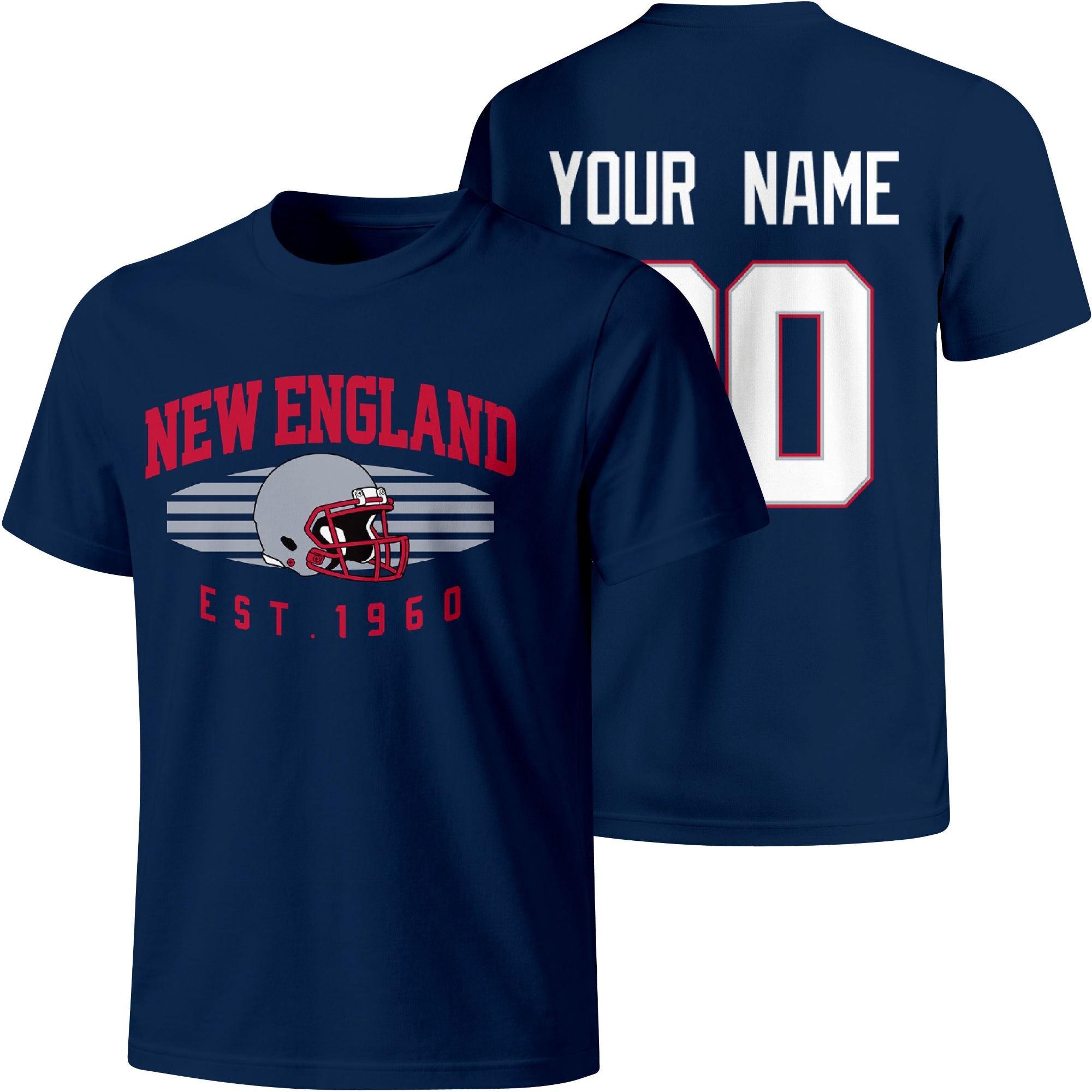 New England personalized football T shirt in Navy showing front city design and back custom name and number