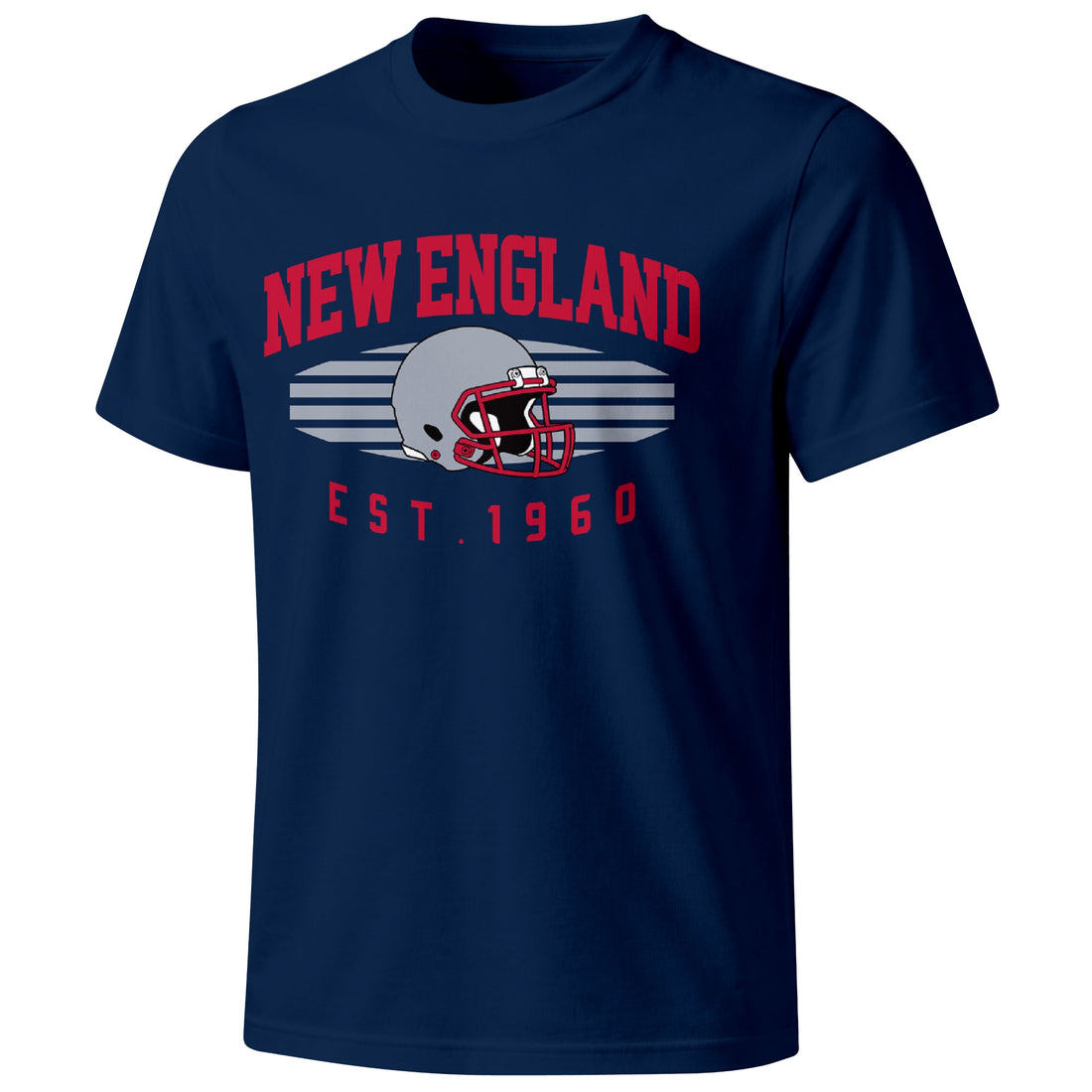 New England personalized football T shirt in Navy showing front city design and back custom name and number