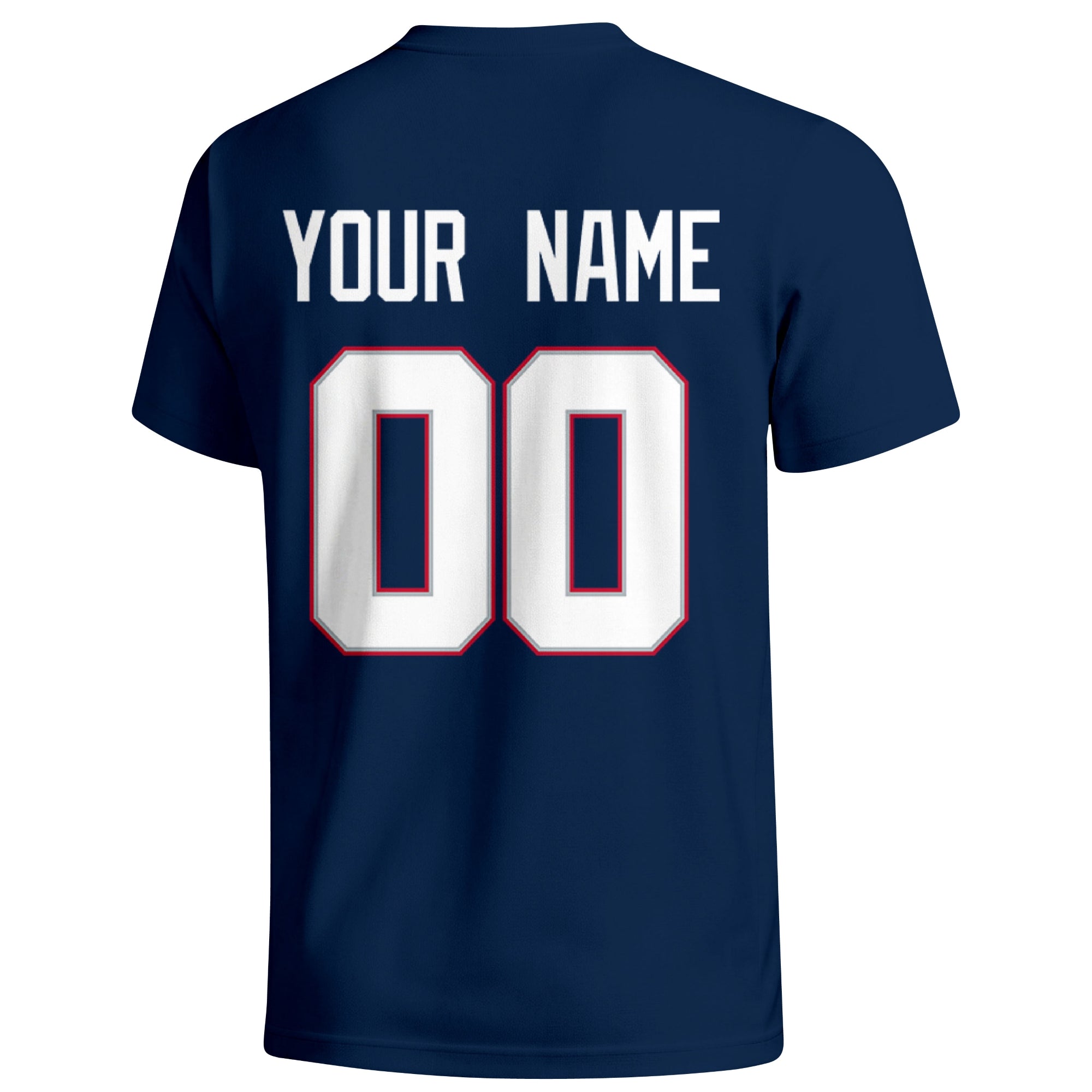 New England personalized football T shirt in Navy showing the back custom name and number