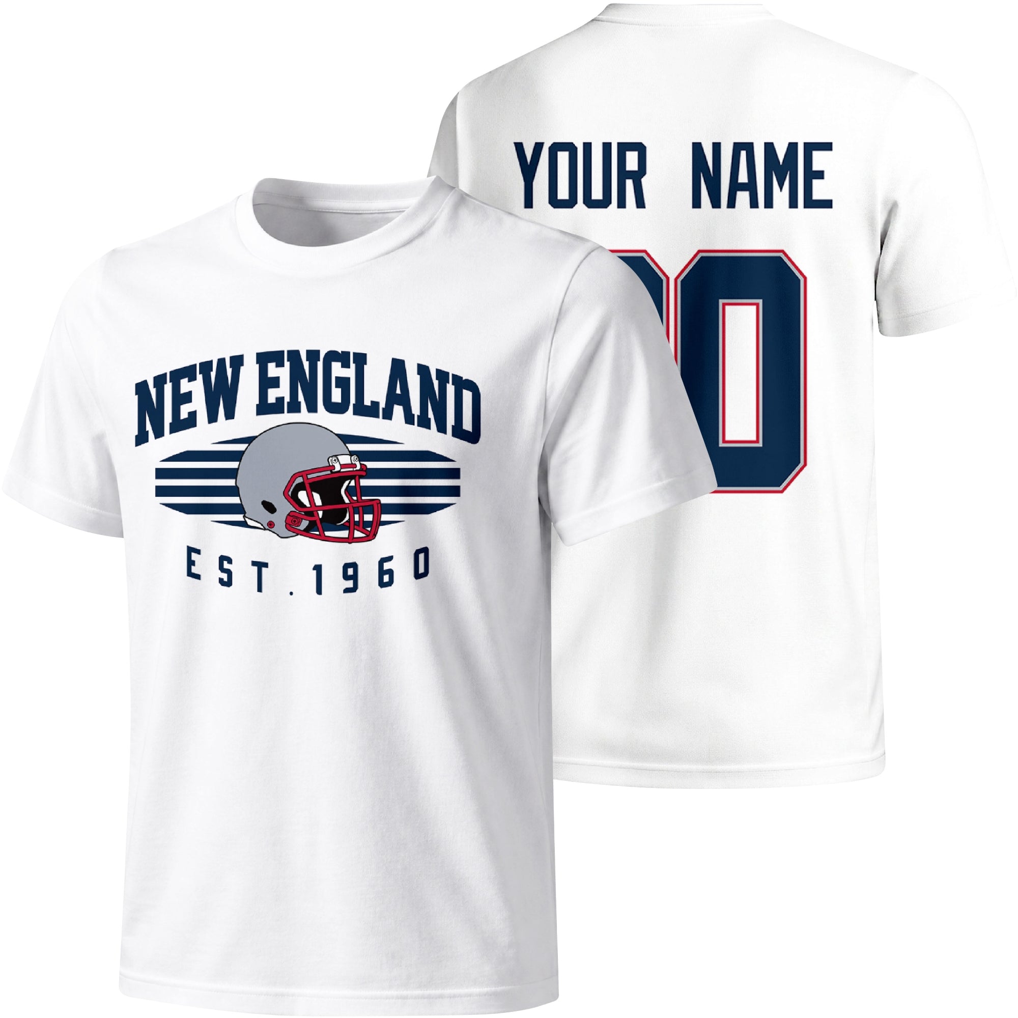 New England personalized football T shirt in White showing front city design and back custom name and number