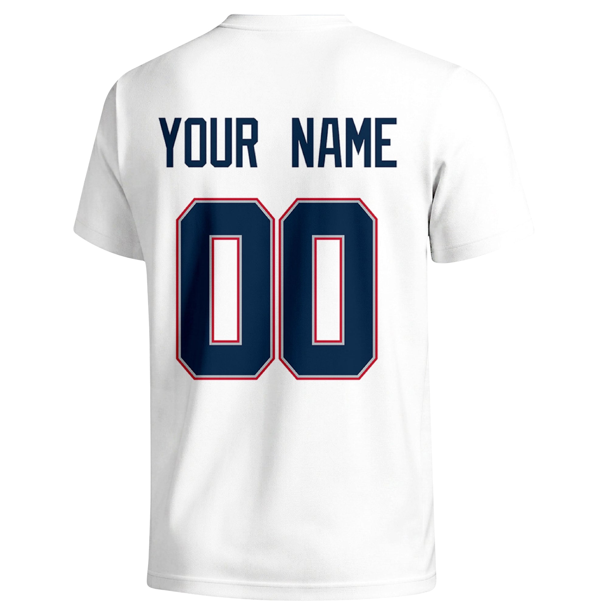 New England personalized football T shirt in White showing the back custom name and number