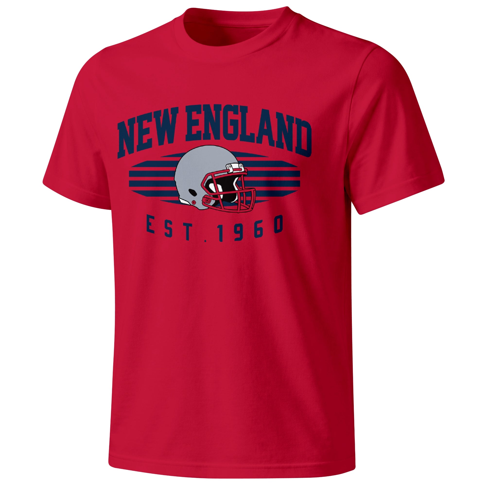 New England football T shirt in Red showing the front city and football design