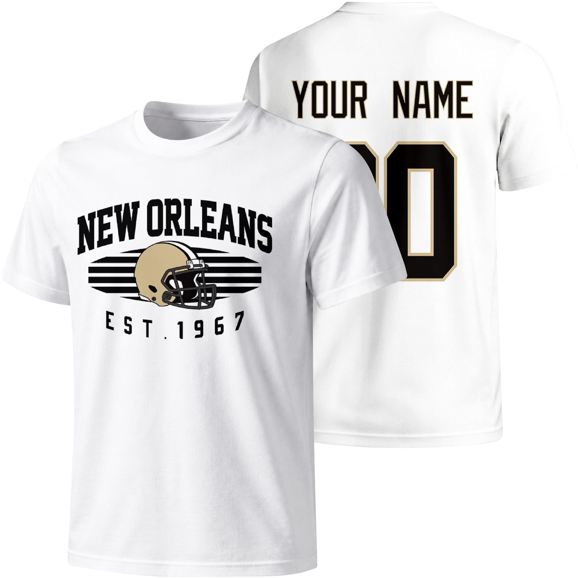 New Orleans personalized football T shirt in White showing front city design and back custom name and number