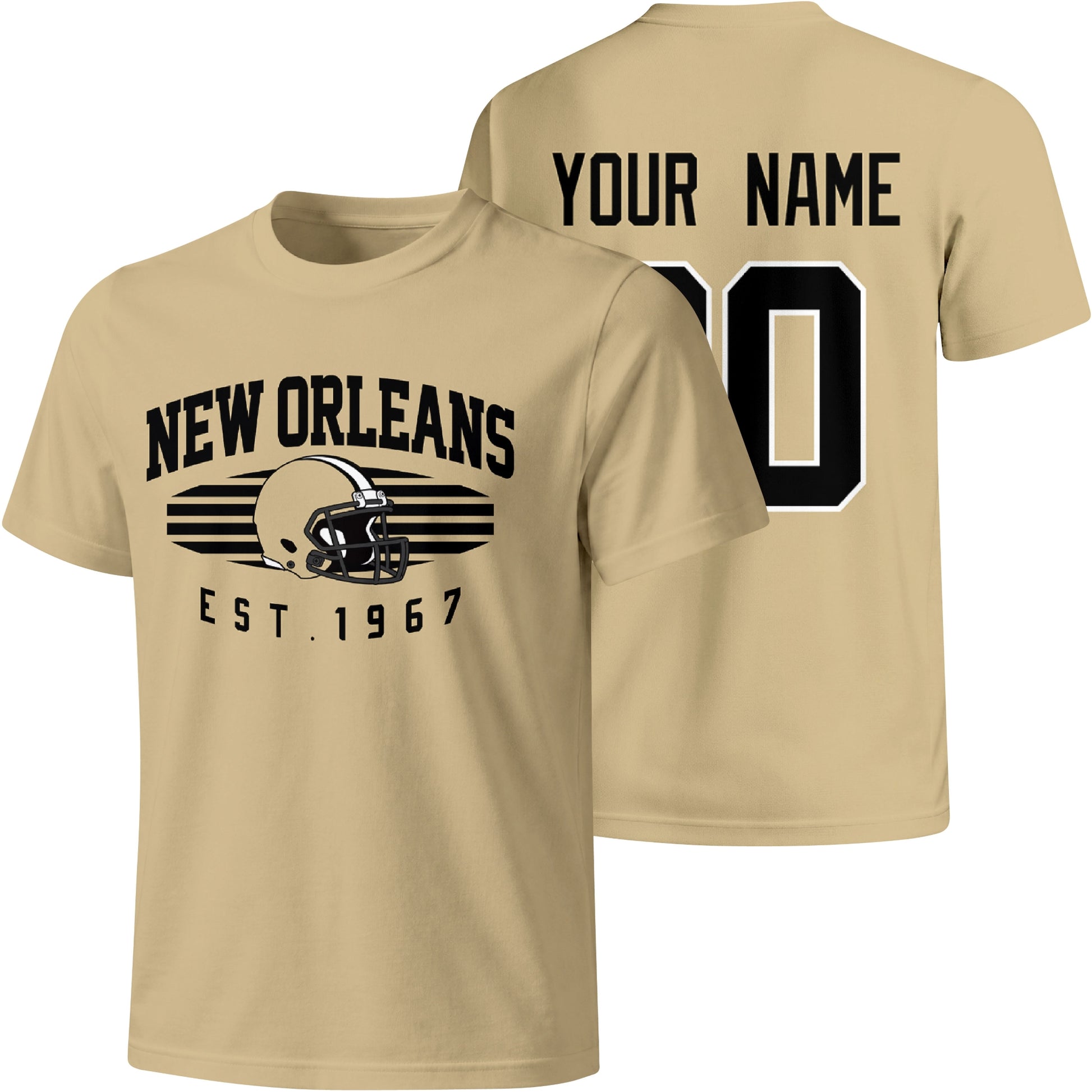New Orleans personalized football T shirt in Gold showing front city design and back custom name and number
