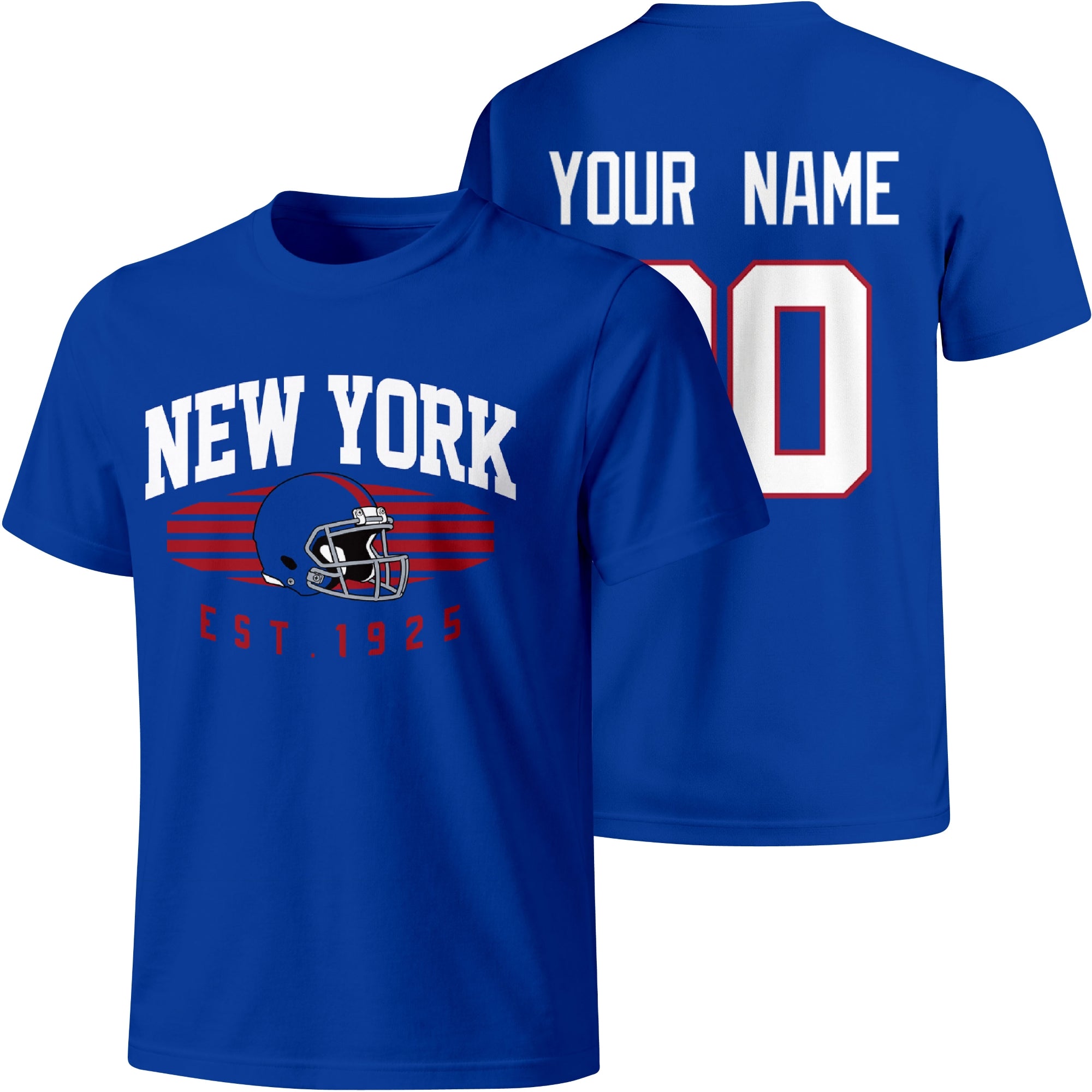 New York Blue personalized football T shirt in Royal showing front city design and back custom name and number